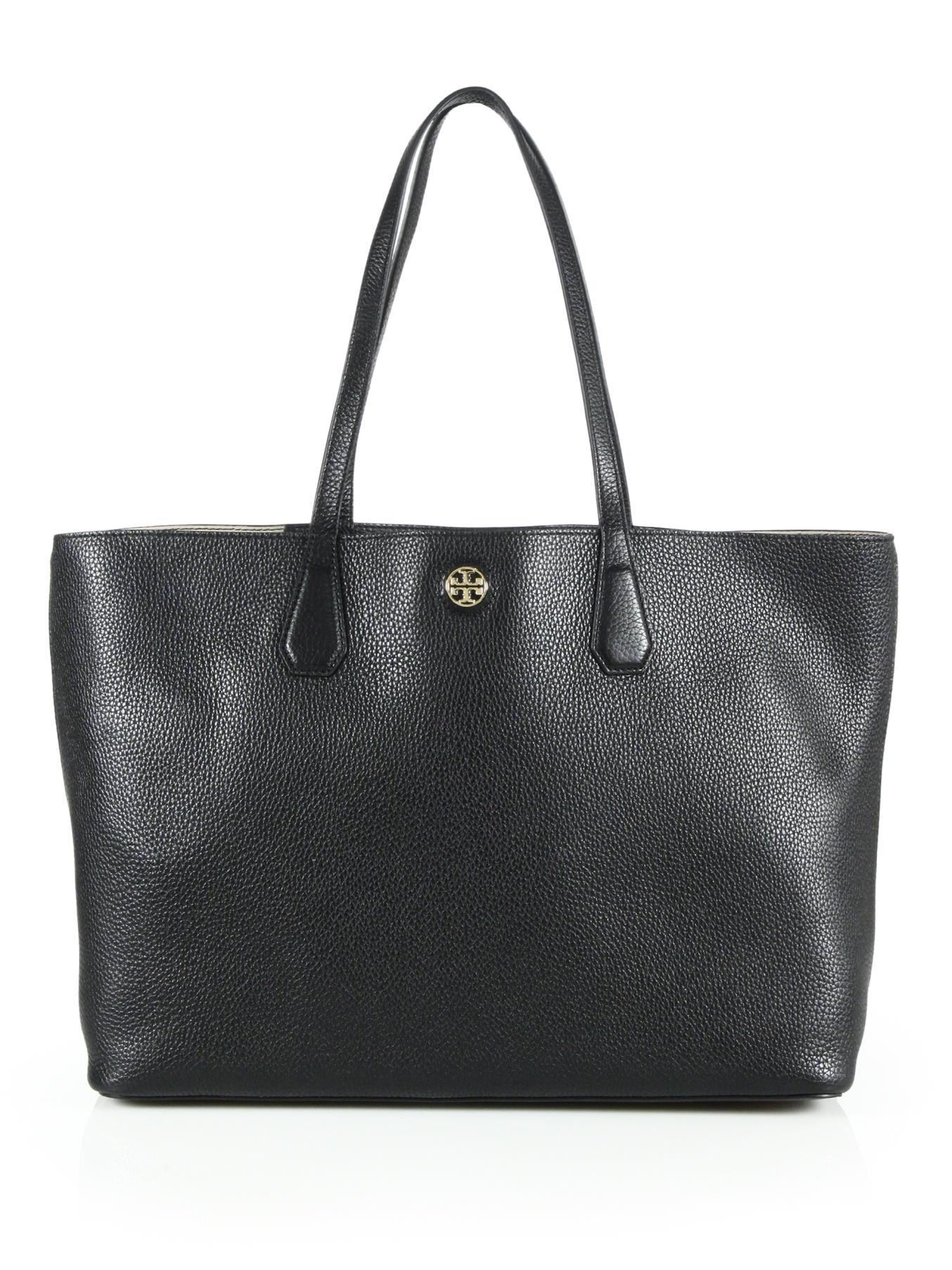 Tory burch Perry Leather Tote in Black | Lyst