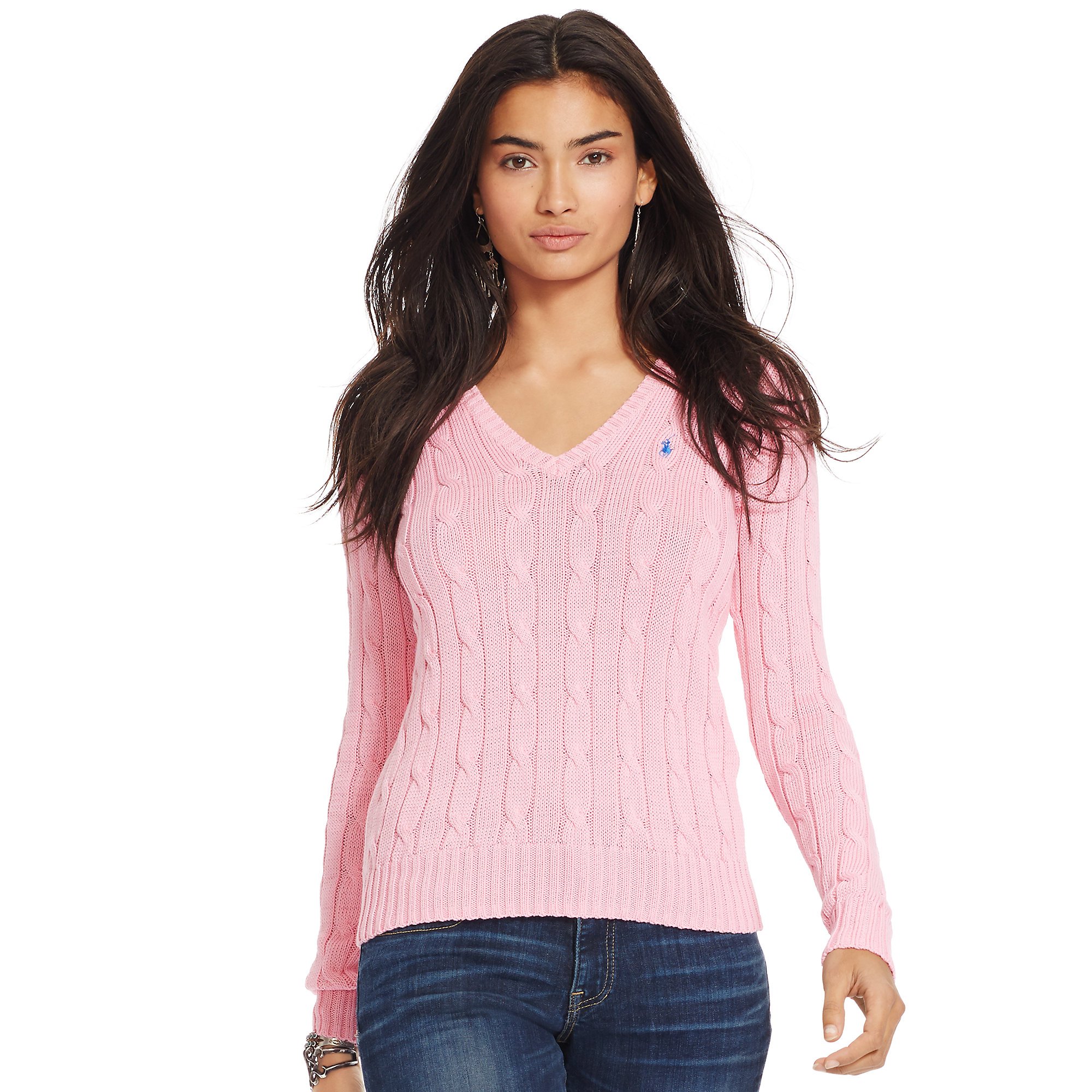 Polo Ralph Lauren Cable-knit V-neck Sweater in Pink Flamingo (Pink) | Lyst