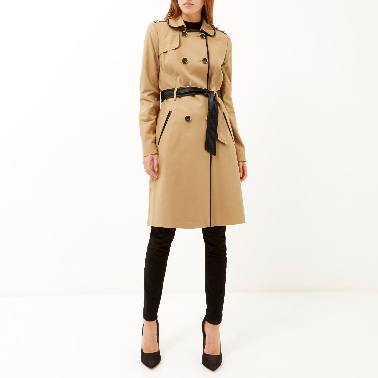 River island Camel Leather-Look Trim Trench Coat in Beige (Cream) | Lyst