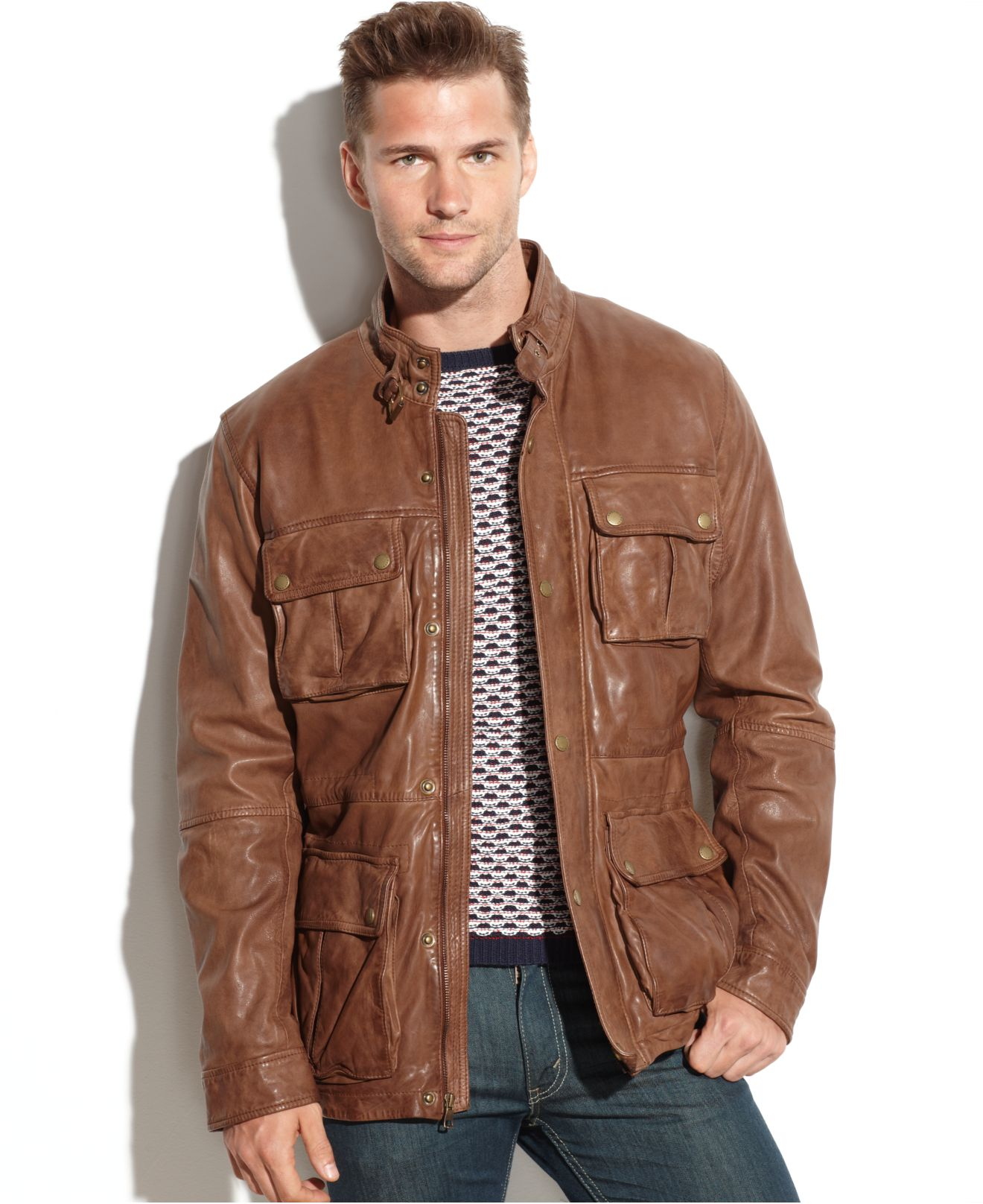 Cole haan Vintage Leather Four-Pocket Moto Jacket in Brown for Men | Lyst