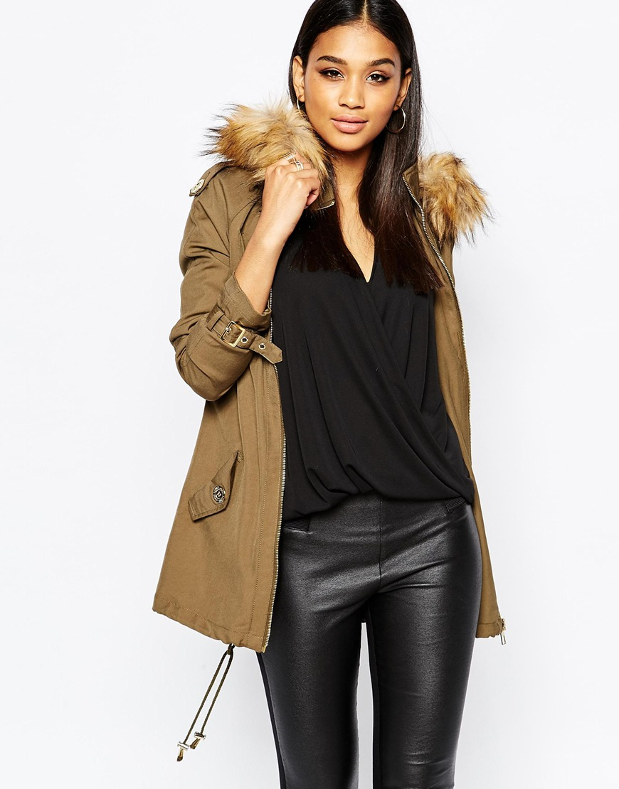 Lyst - Lipsy Lightweight Parka With Faux Fur Trim in Brown