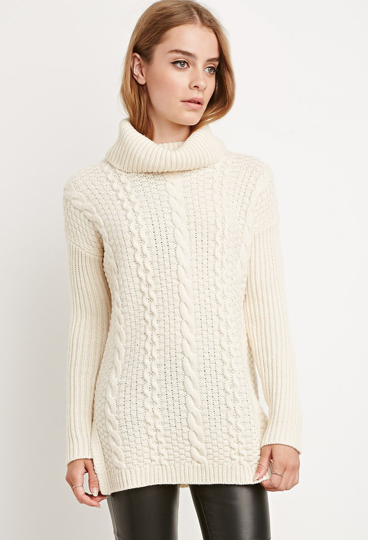 Forever 21 Longline Turtleneck Sweater in Beige (Cream)