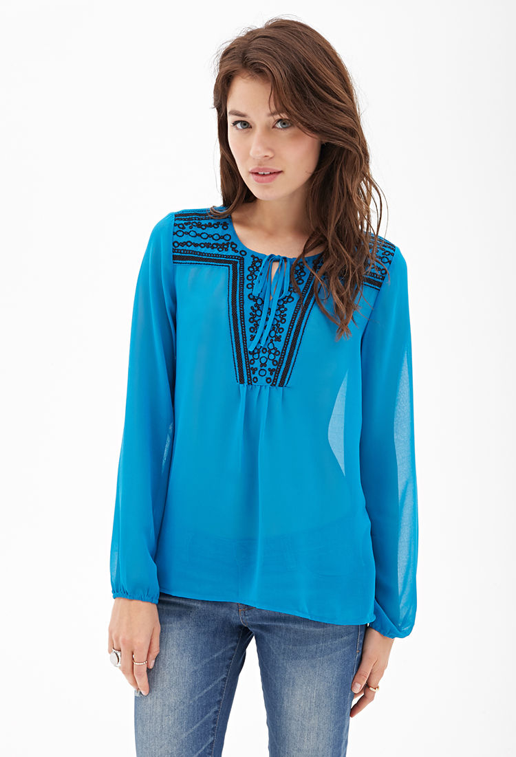 Forever 21 Contemporary Sheer Embroidered Peasant Top in Blue Lyst
