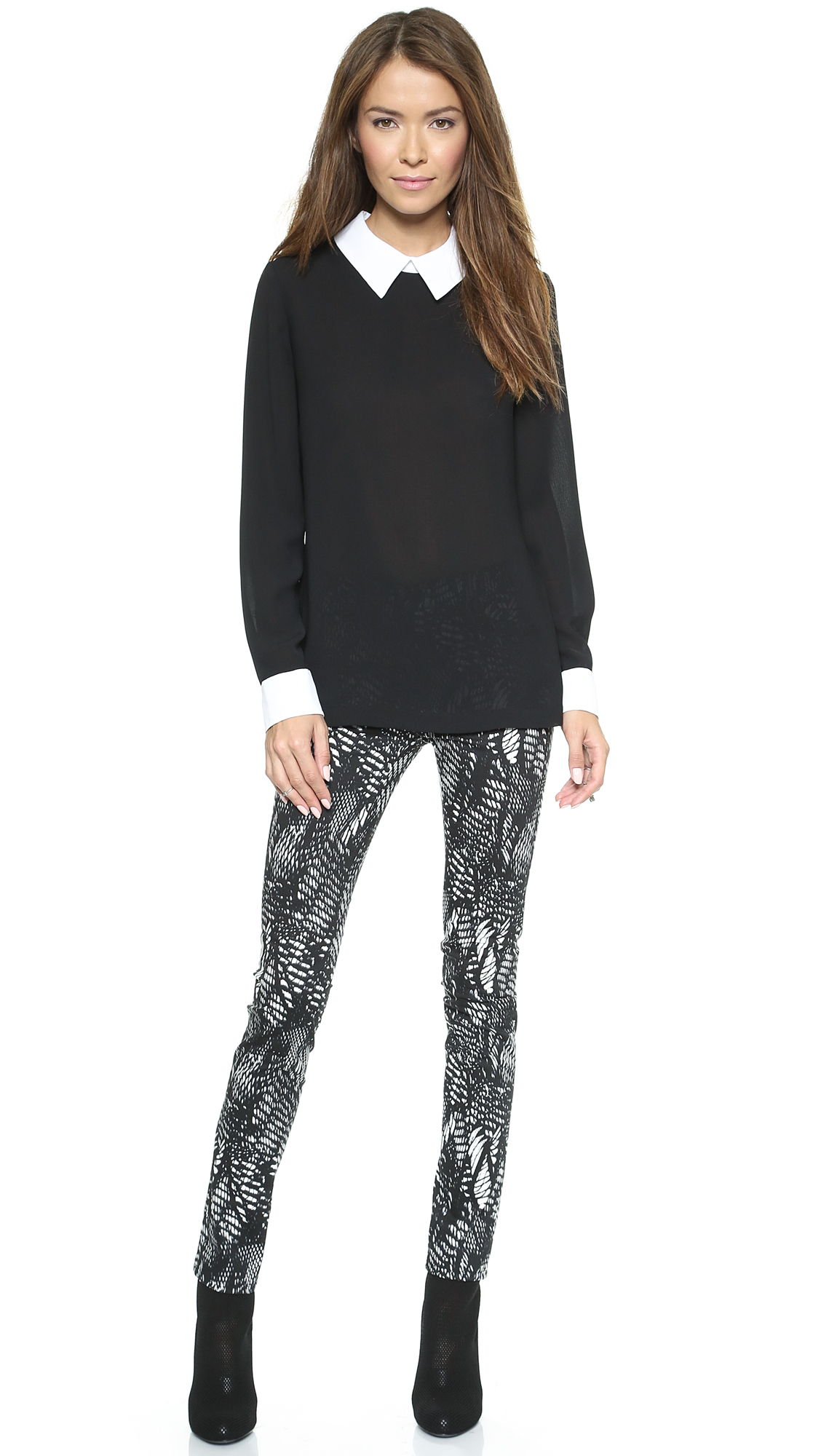 Lyst - Dkny Long Sleeve Blouse with Contrast Collar Cuffs Blackwhite in Black