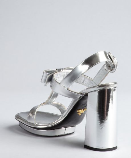 Prada Silver Metallic Leather Bow Embellished T-Strap Block Heel ...