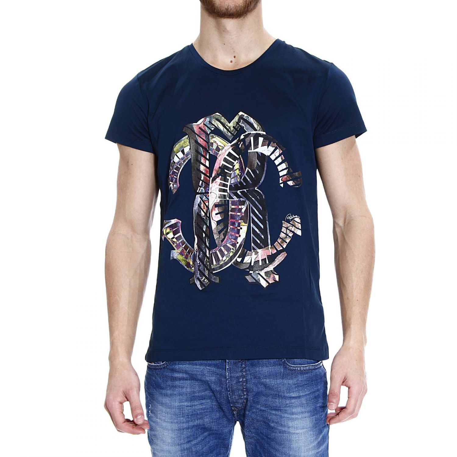 Roberto cavalli T-shirt Short Sleeves Crewneck Logo Print in Blue for ...