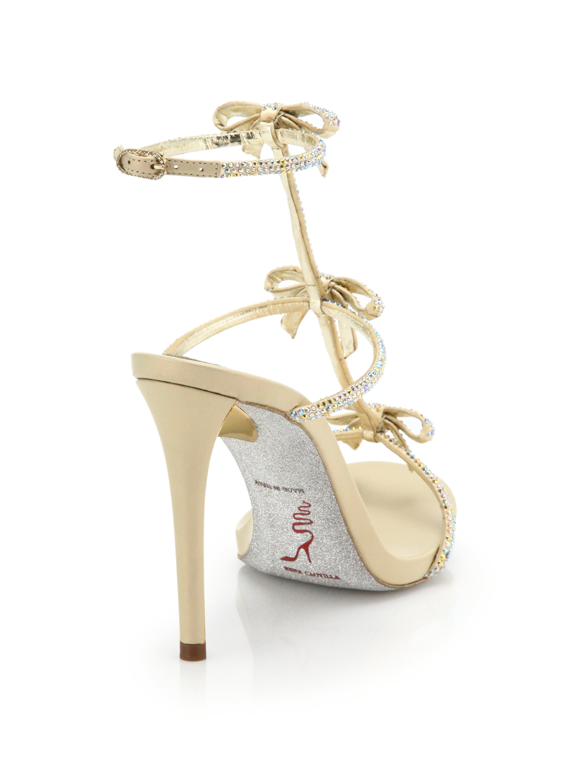 Rene Caovilla Strass Swarovski Crystal Bow Sandals in Gold