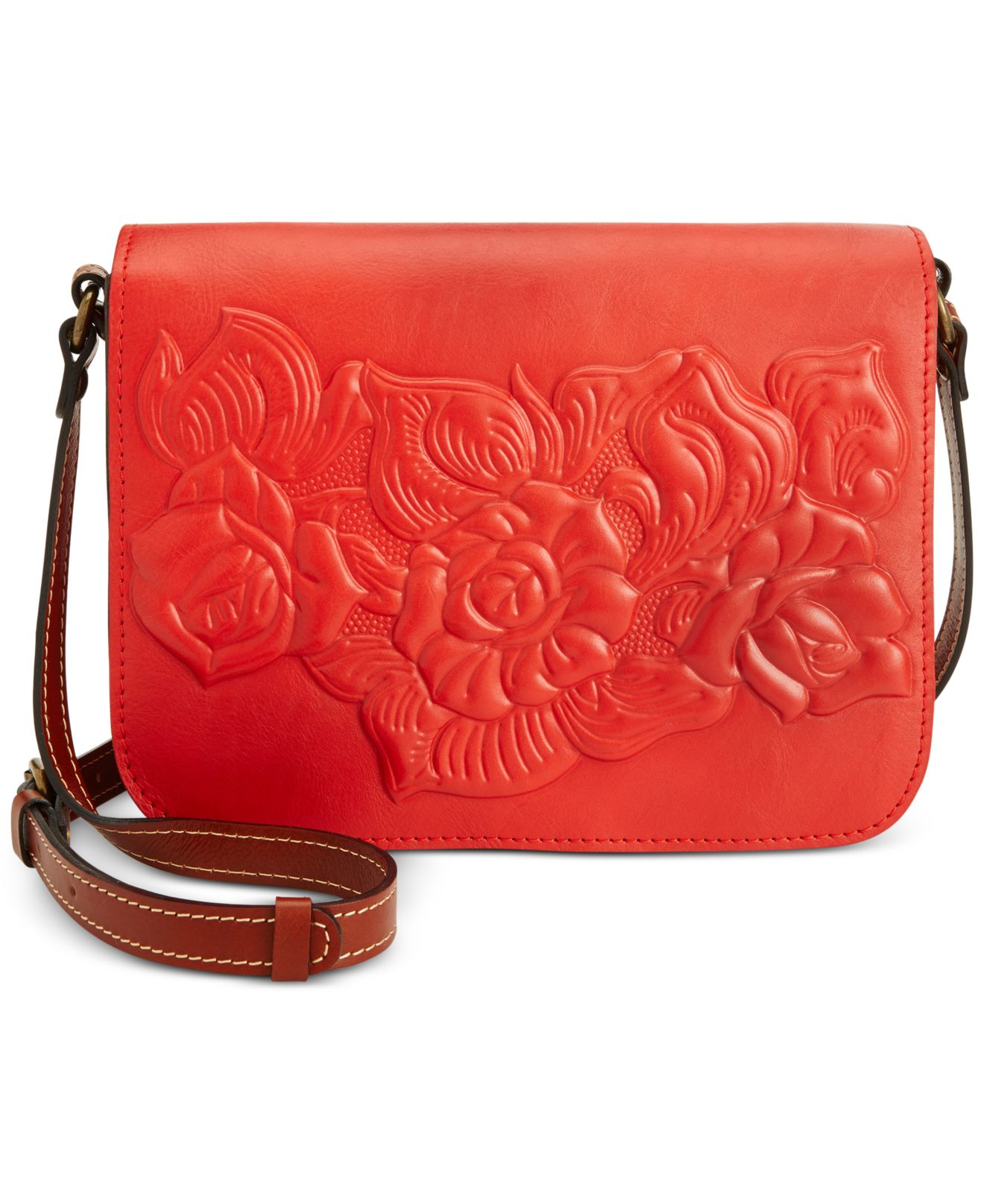 Patricia Nash Tooled Rose Navano Flap Crossbody in Red