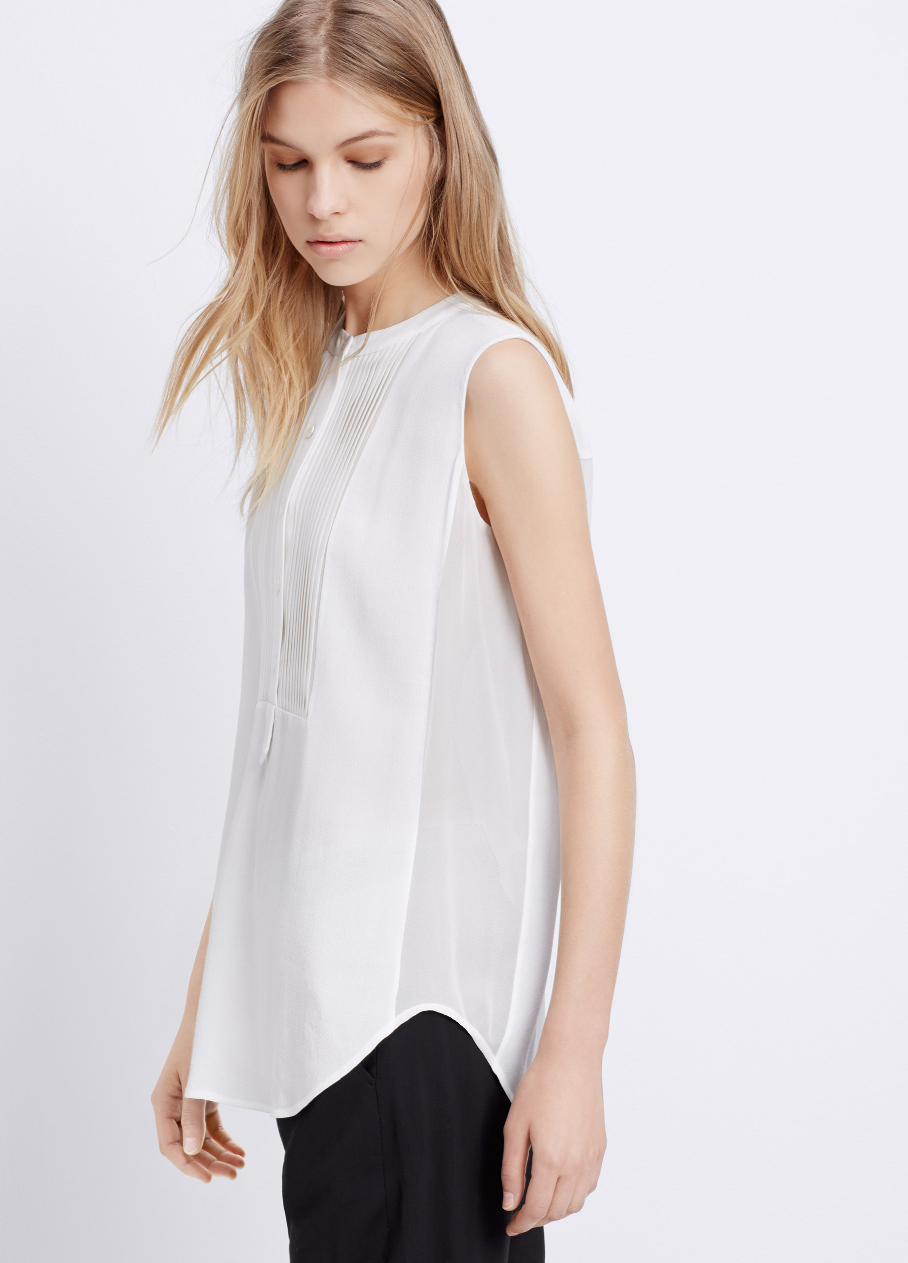 Vince Silk Sleeveless Tuxedo Blouse In White Lyst