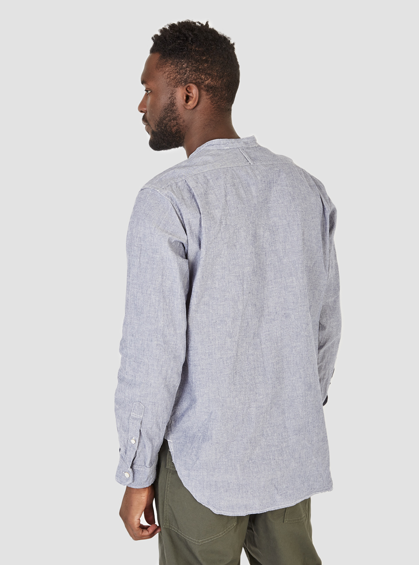 Engineered Garments Banded Collar Shirt Blue Cotton Chambray for