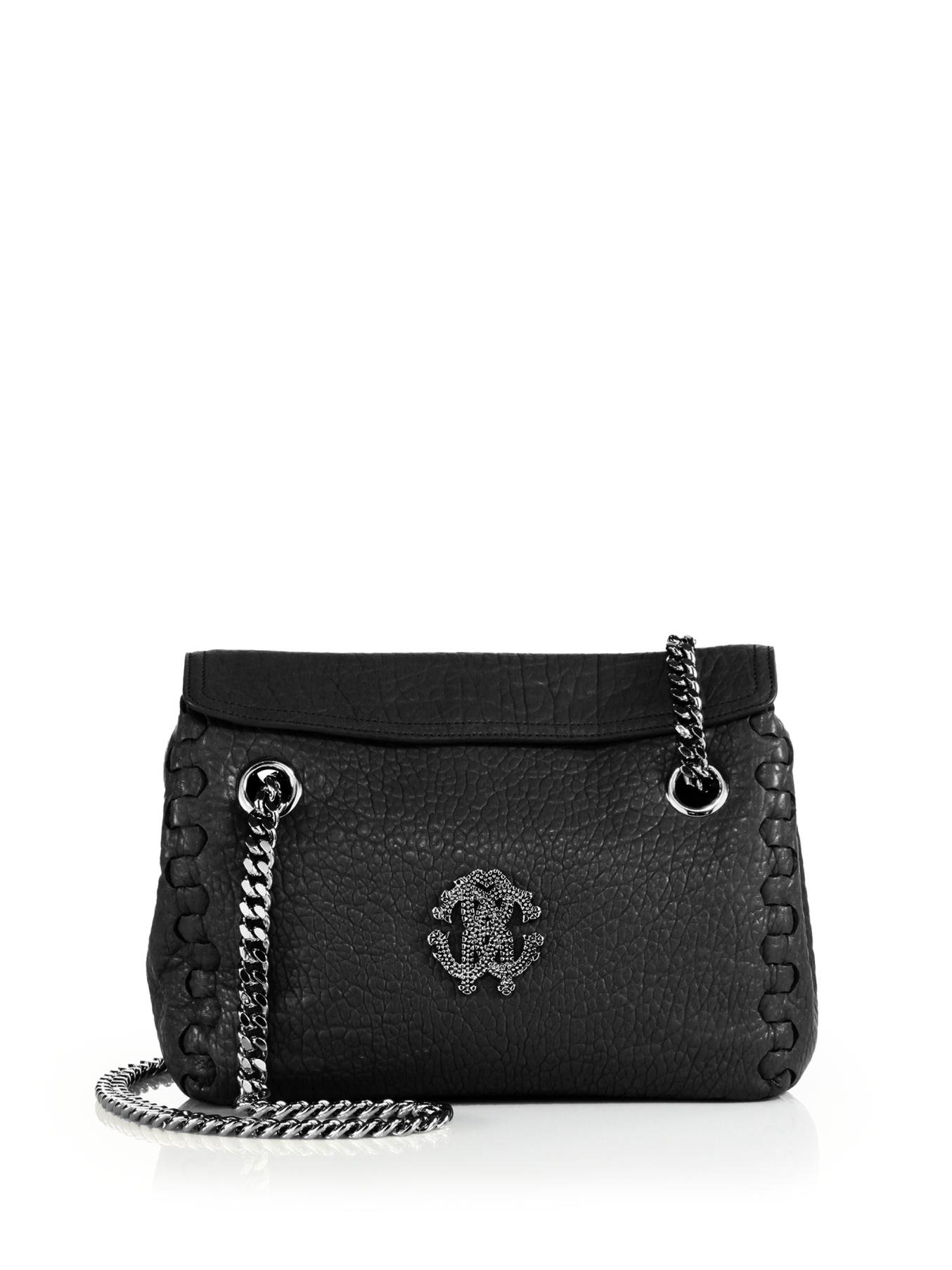 Roberto cavalli Pebbled Leather Chain Shoulder Bag in Black | Lyst