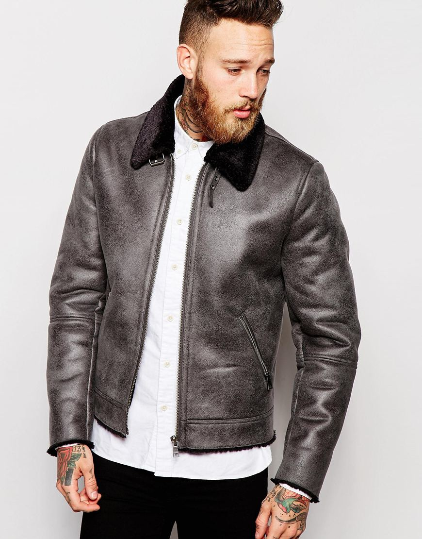 Download ASOS Faux Suede Harrington With Shearling Collar In Grey ...