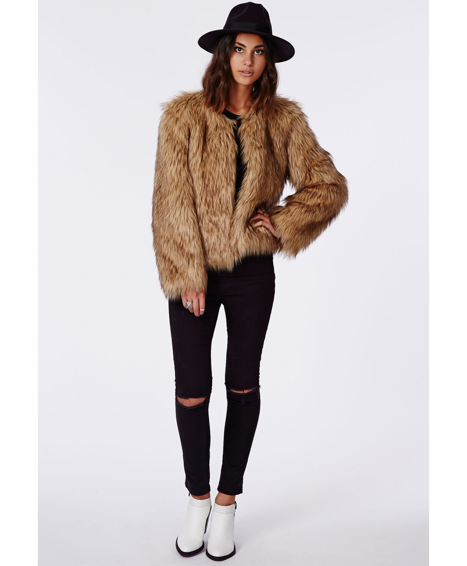 Missguided Belle Faux Fur Cropped Jacket Brown in Brown | Lyst