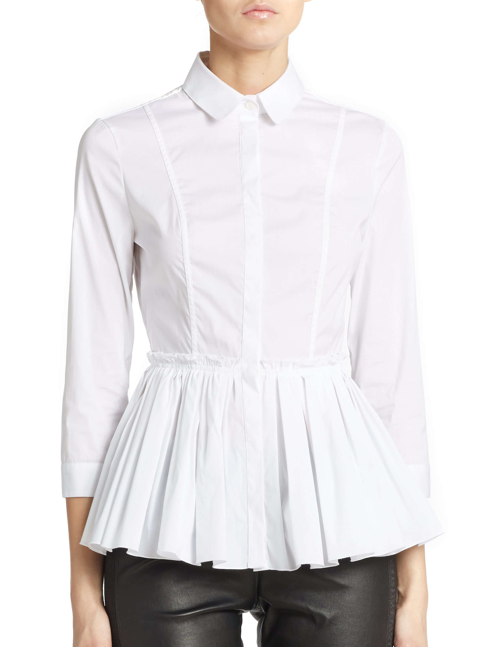 Lyst - Burberry Stretch Cotton Pleated Peplum Blouse in White