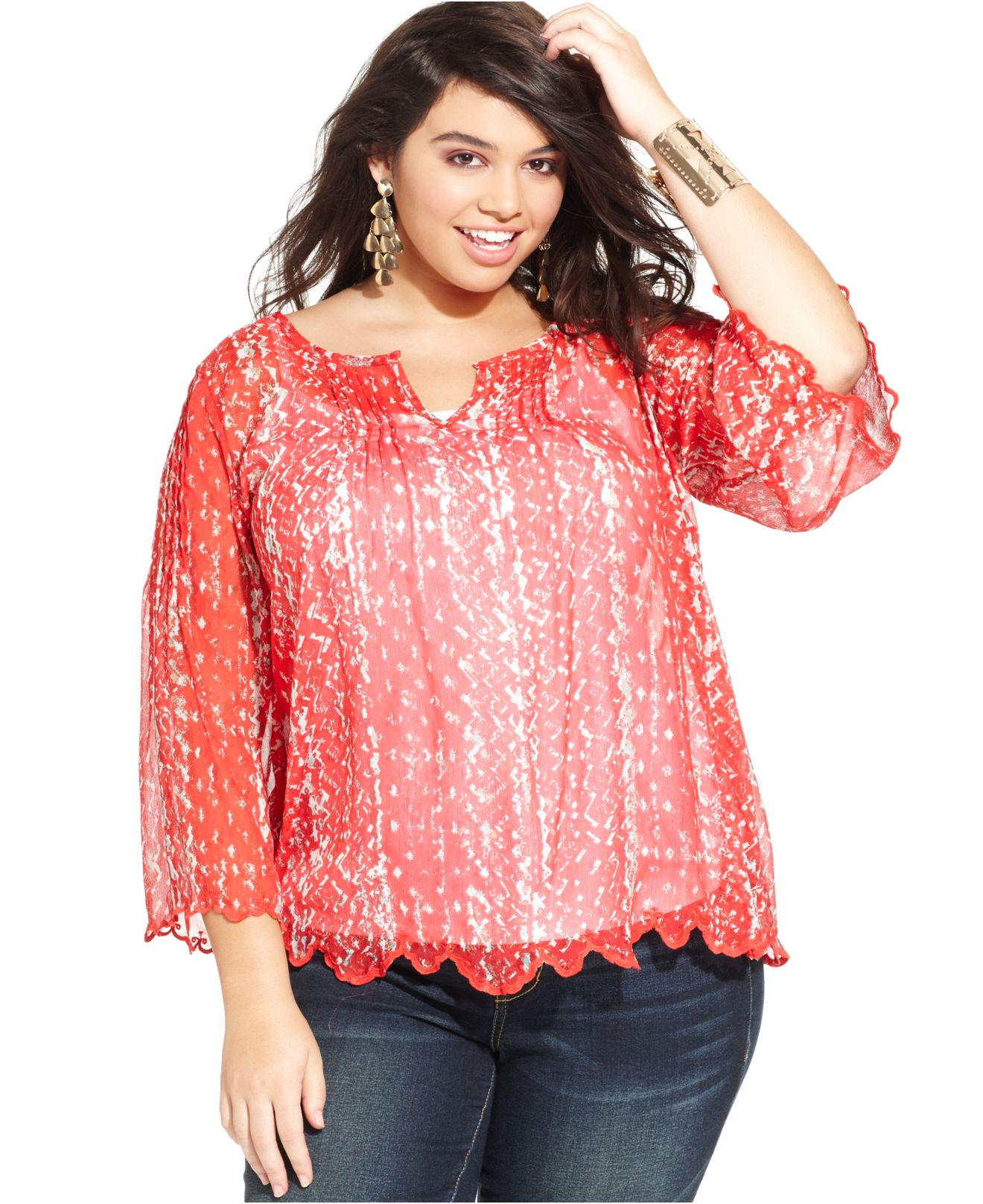 Red Gingham Peasant Blouse Plus Size - Smart Casual Blouse