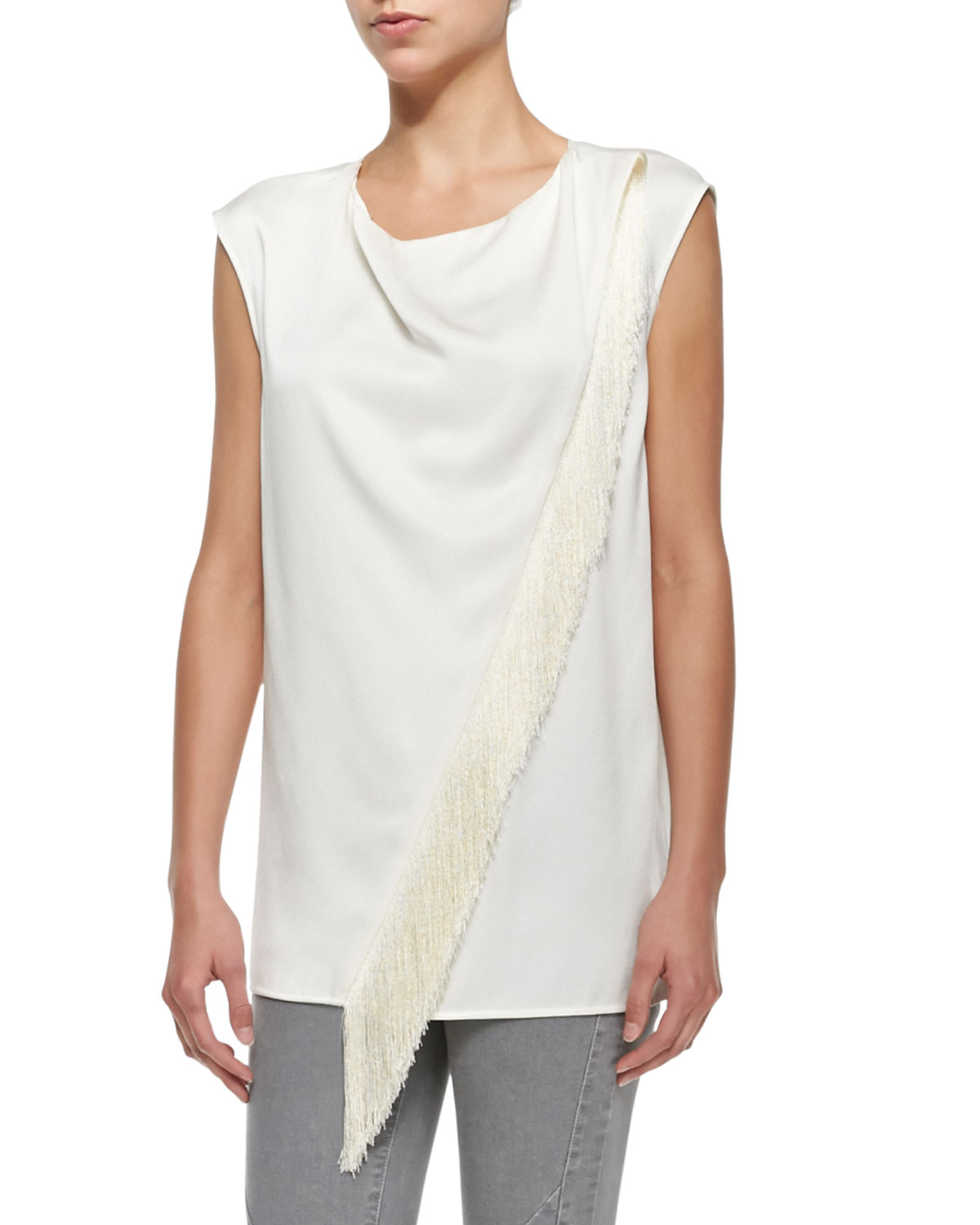 Belstaff Sleeveless Asymmetric Fringe Blouse in White