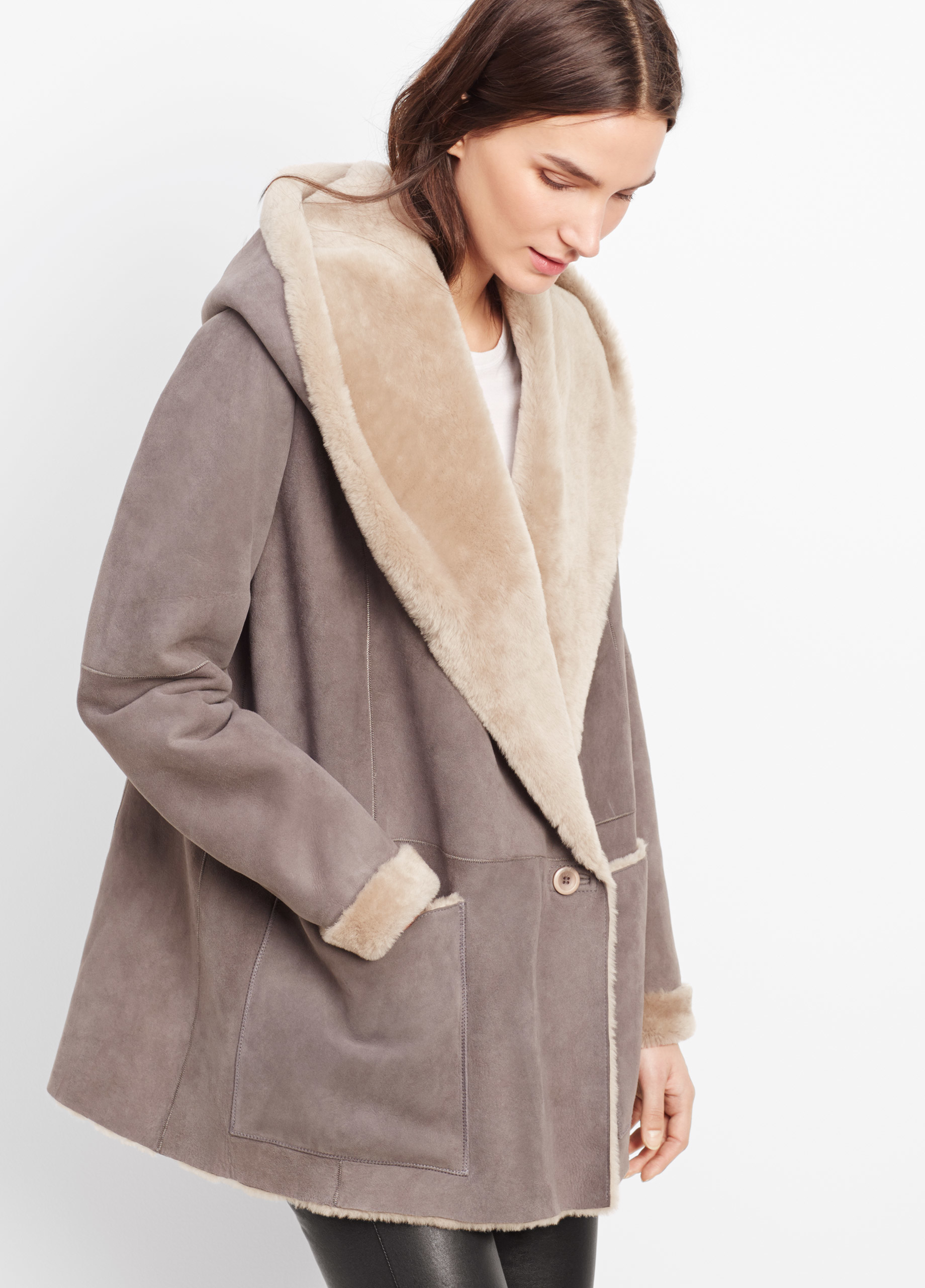 Vince Shearling Drape Coat With Hood In Grey Gray Lyst