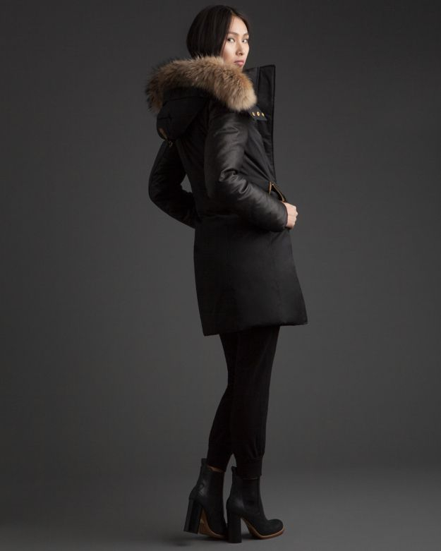 parka with leather sleeves and fur hood
