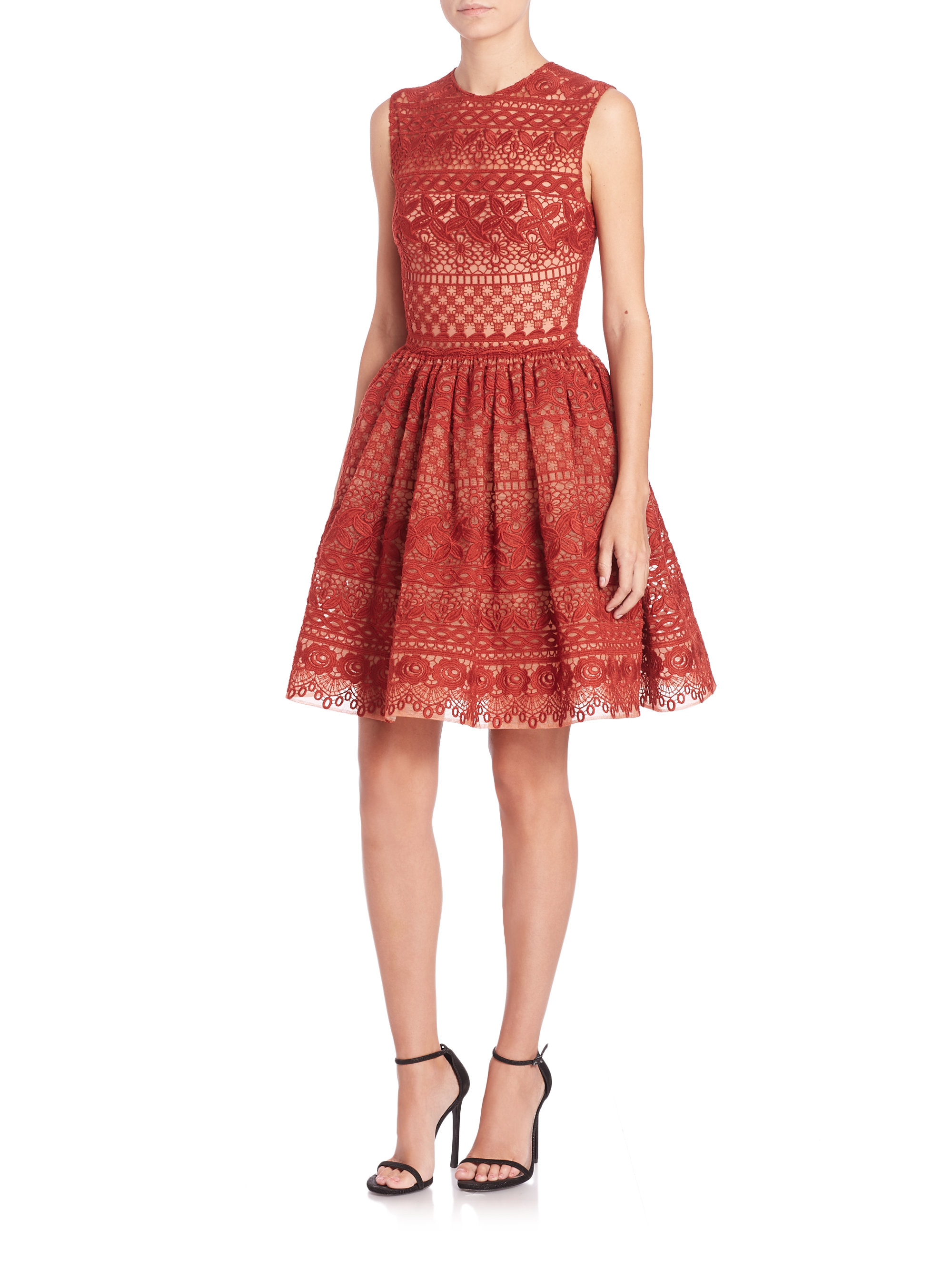 Elie Saab Sleeveless Guipure Lace Dress in Red | Lyst