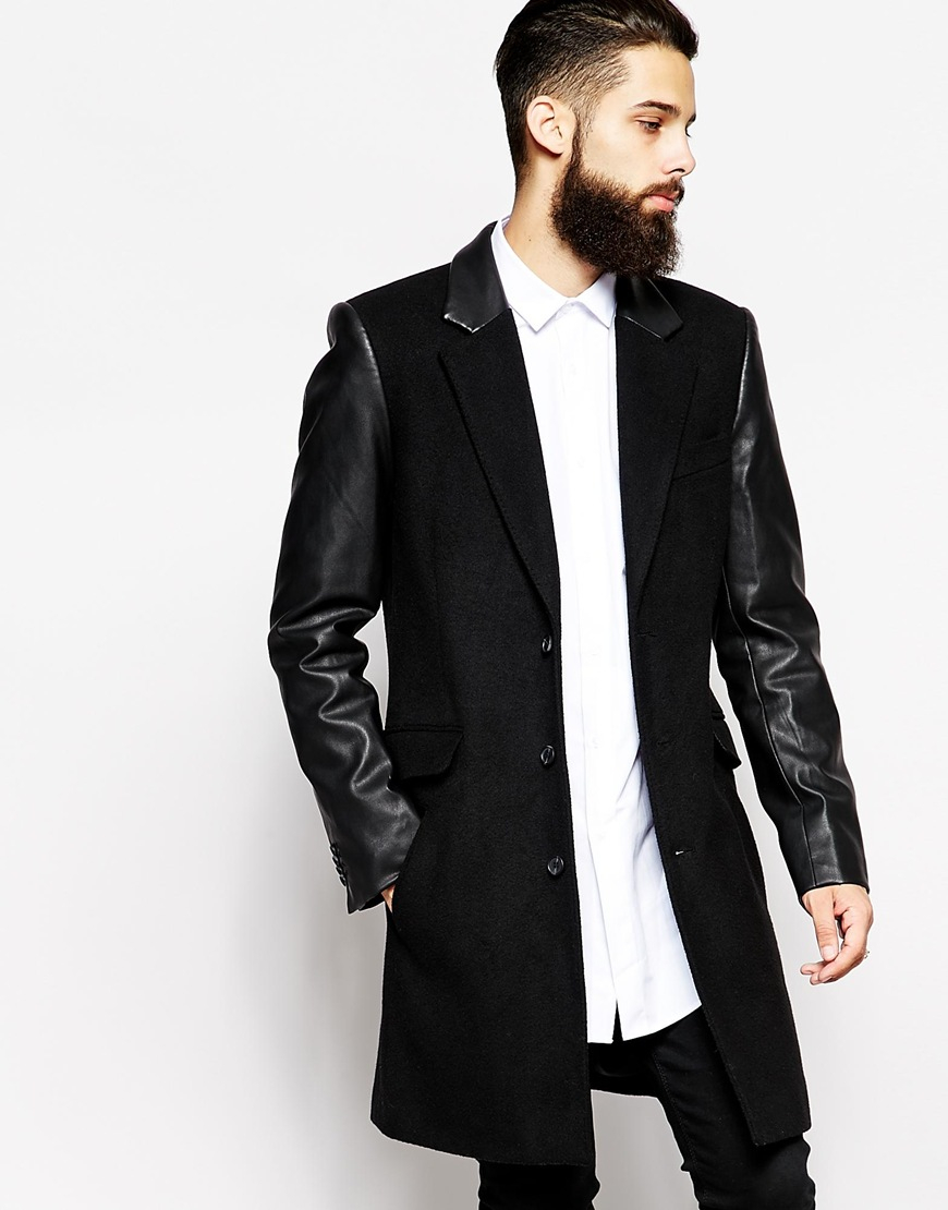 ASOS Wool Overcoat With Leather Look Sleeves in Black for Men | Lyst