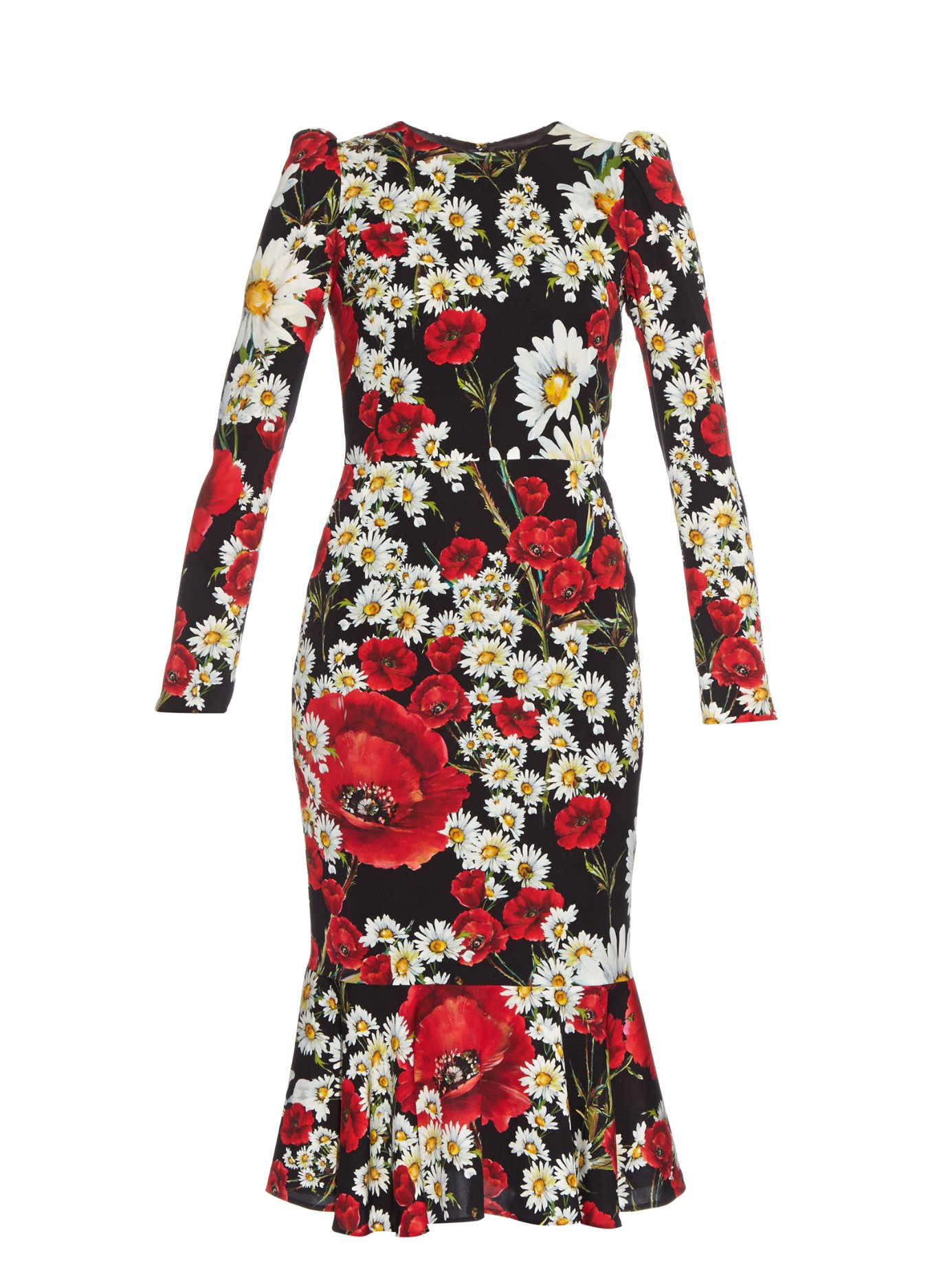 Dolce & Gabbana Silk Poppy And Daisyprint Dress in Black Print (Red