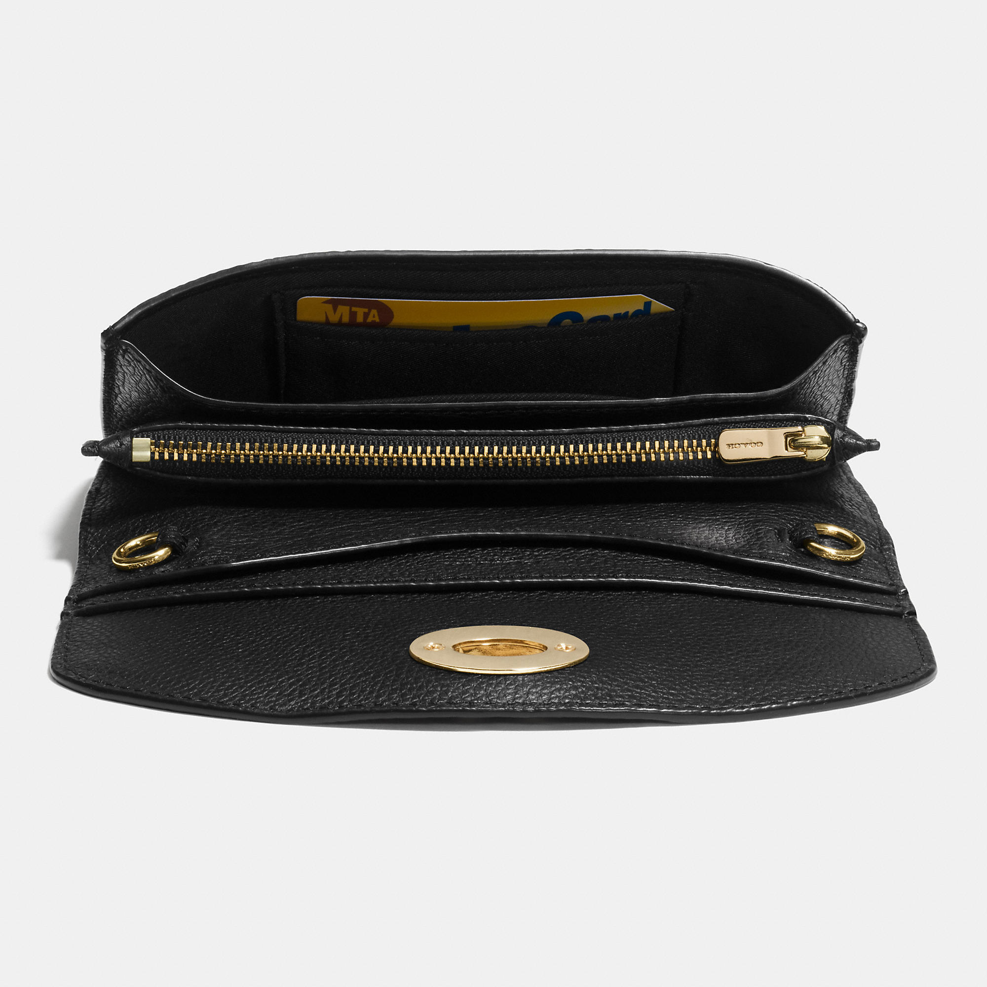 COACH Clutch Chain Wallet In Pebble Leather in Light Gold/Black (Black
