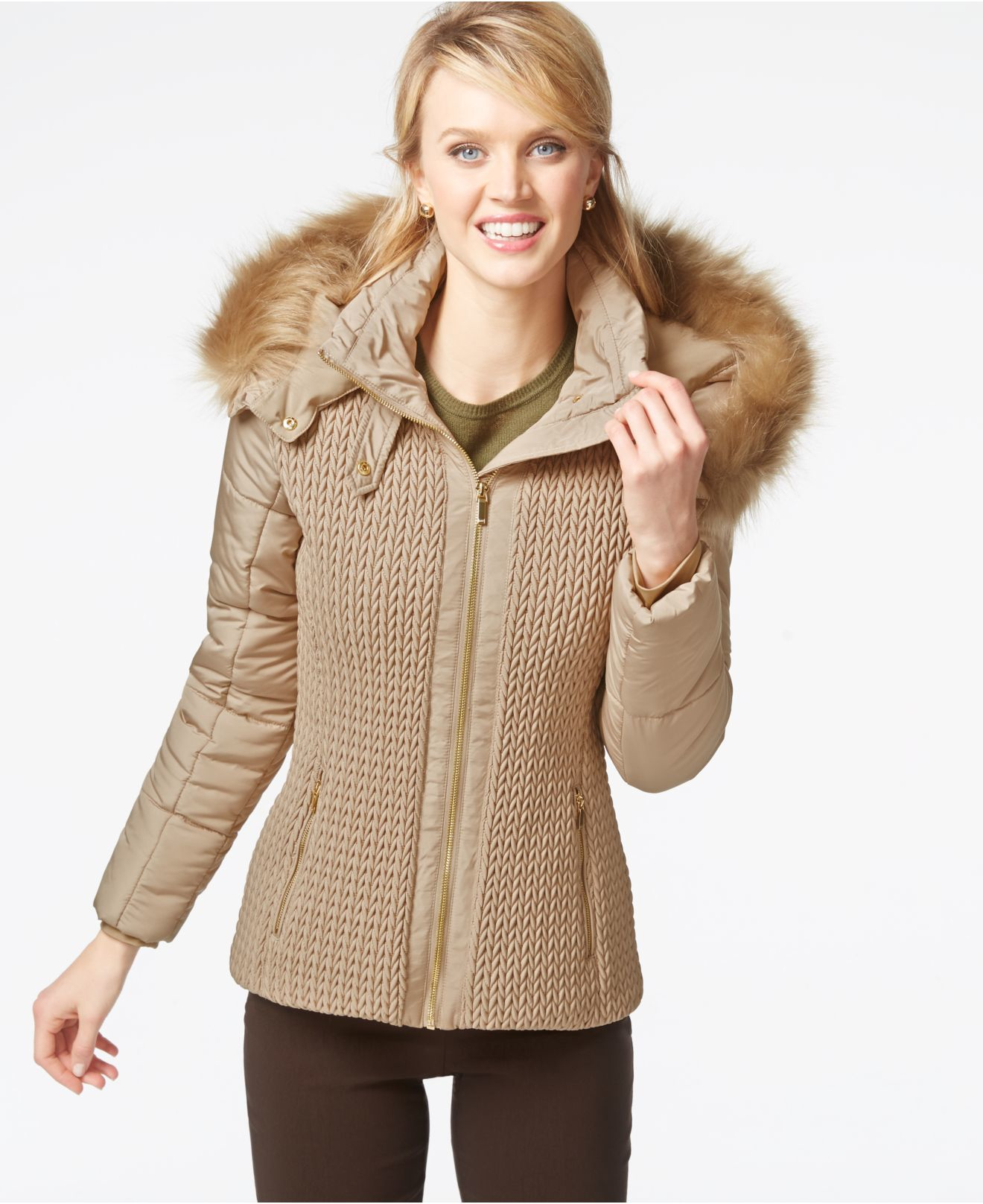 Lyst Jones New York Faux Fur Hood Quilted Knit Jacket In Natural Gallery
