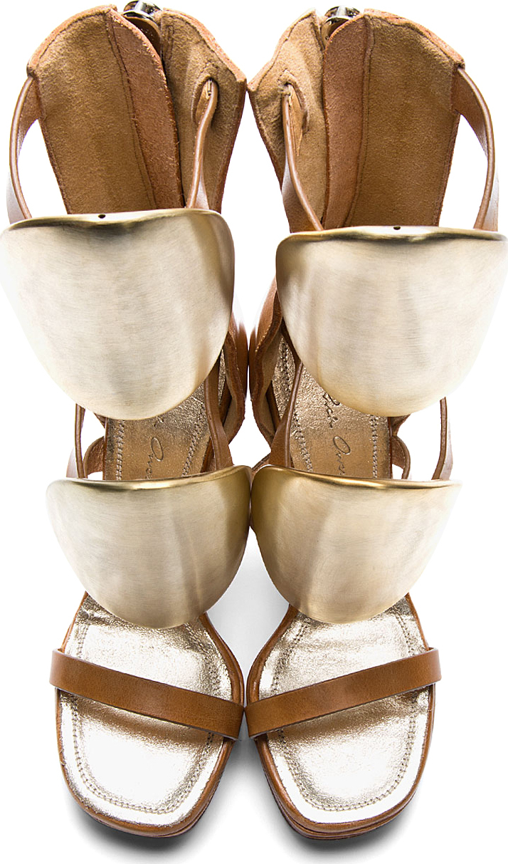 Rick Owens Tan Leather Peron Medallion Gladiator Wedges in ...
