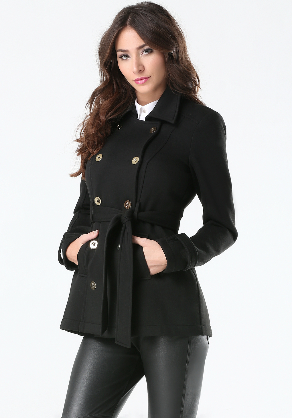 Bebe Fleece Pea Coat In Black Lyst
