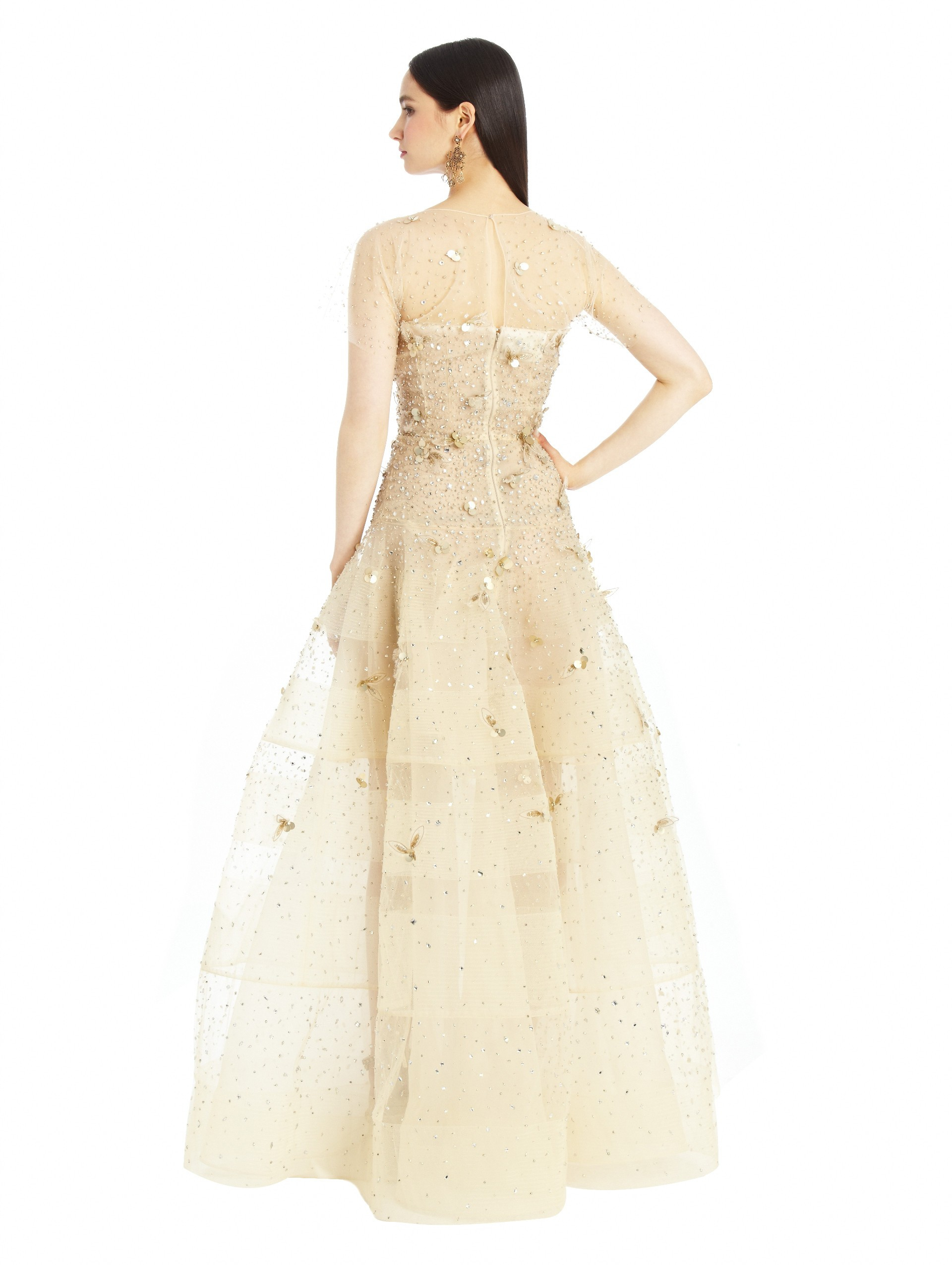 Lyst Oscar De La A Gold Illusion Tulle Embroidered Drop Waist Gallery