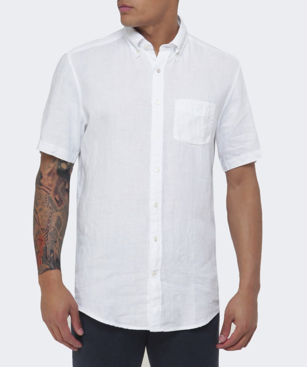 Short Sleeve Linen Shirt Men S Casual Shirt From American Heritage Designers Gant Featuring A Contrast Wide Stripe Design Throughout Pointed On Down Collar Single Chest