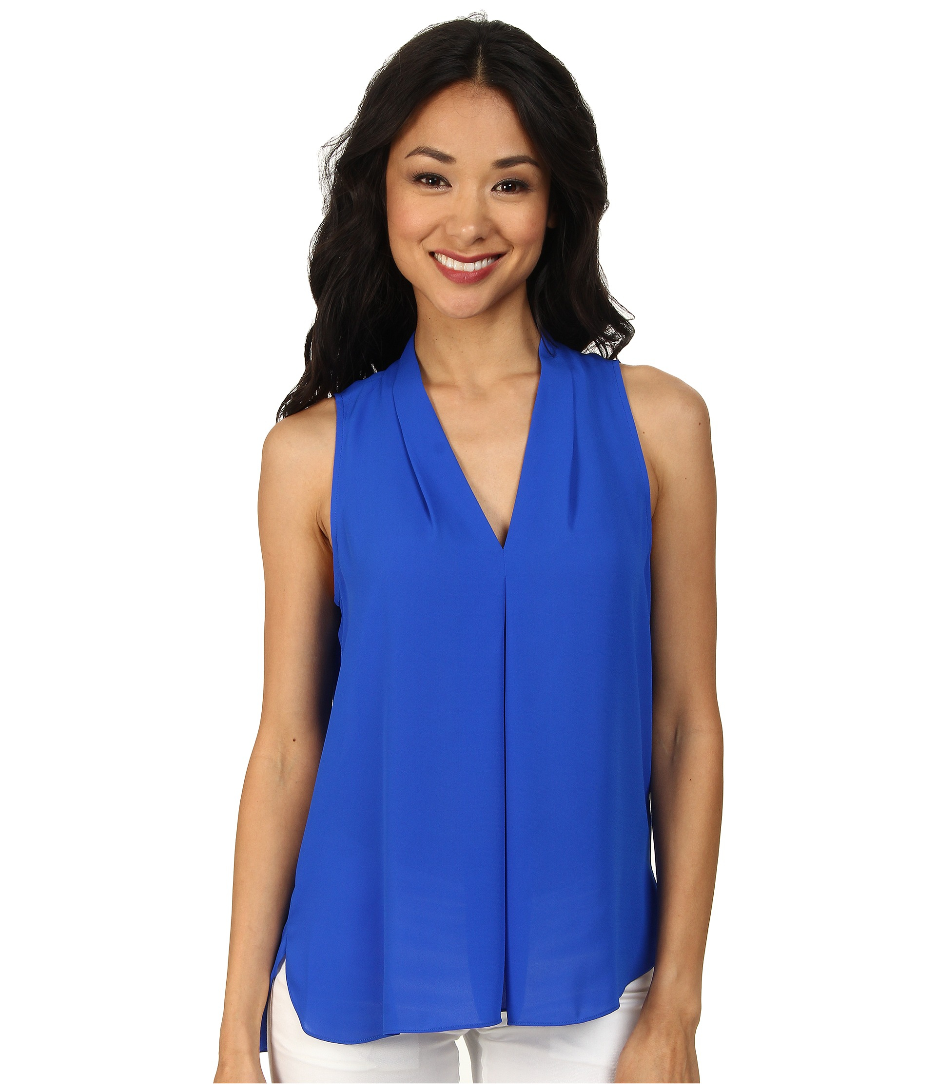Vince Camuto Sleeveless V Neck Blouse W Inverted Front Pleat In Blue