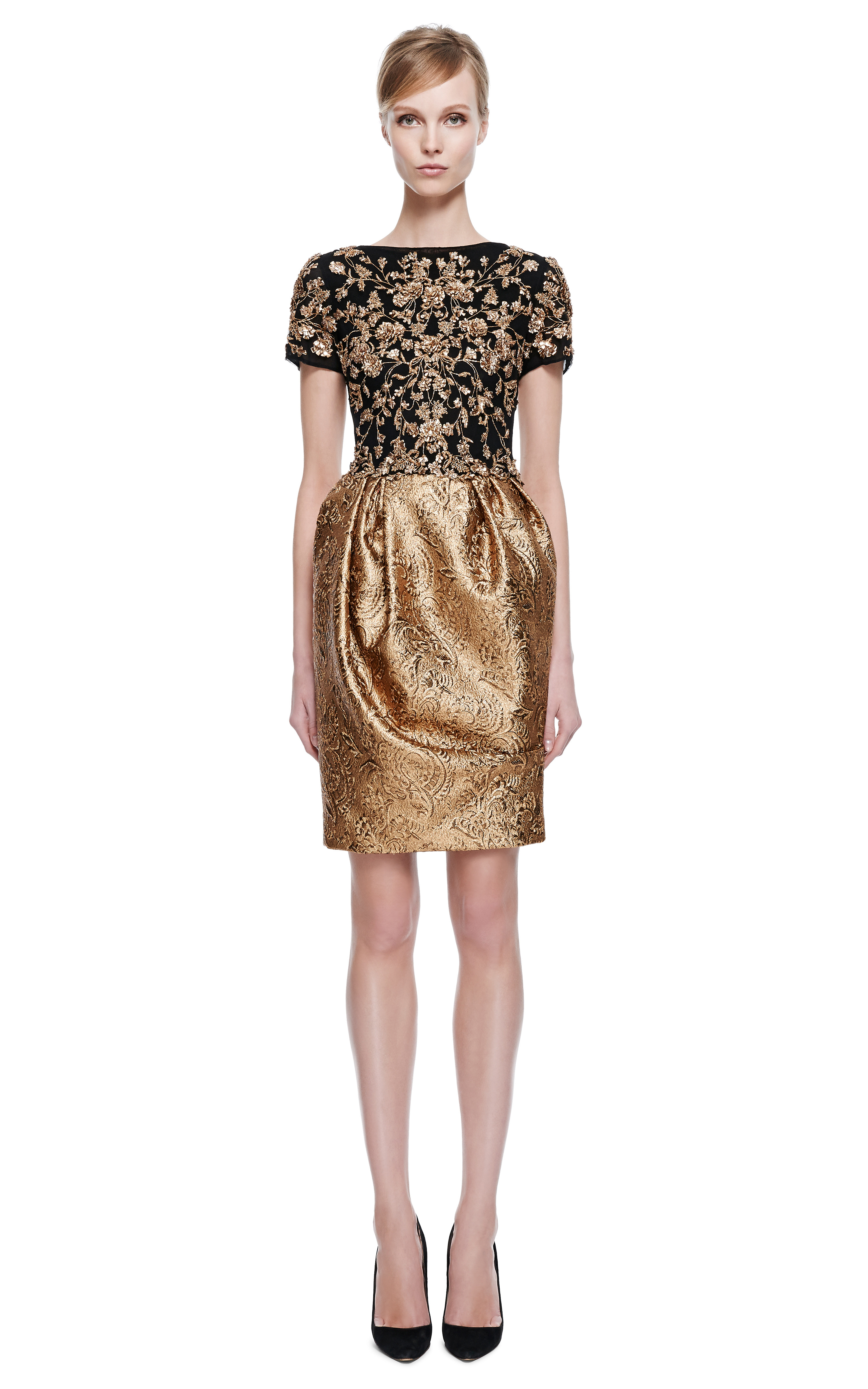 Marchesa Embroidered Short Sleeve Cocktail Dress with Metallic Brocade