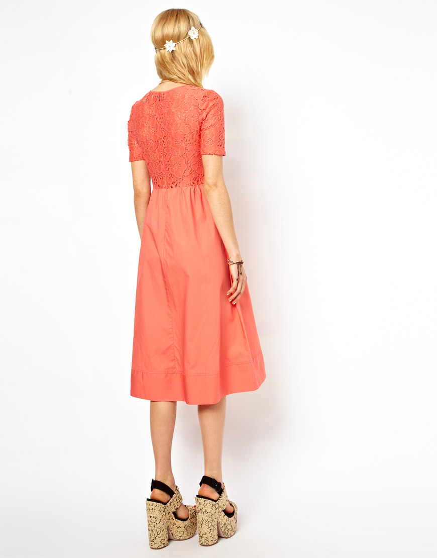 ASOS Petite Exclusive Lace Midi Dress in Coral (Pink) - Lyst