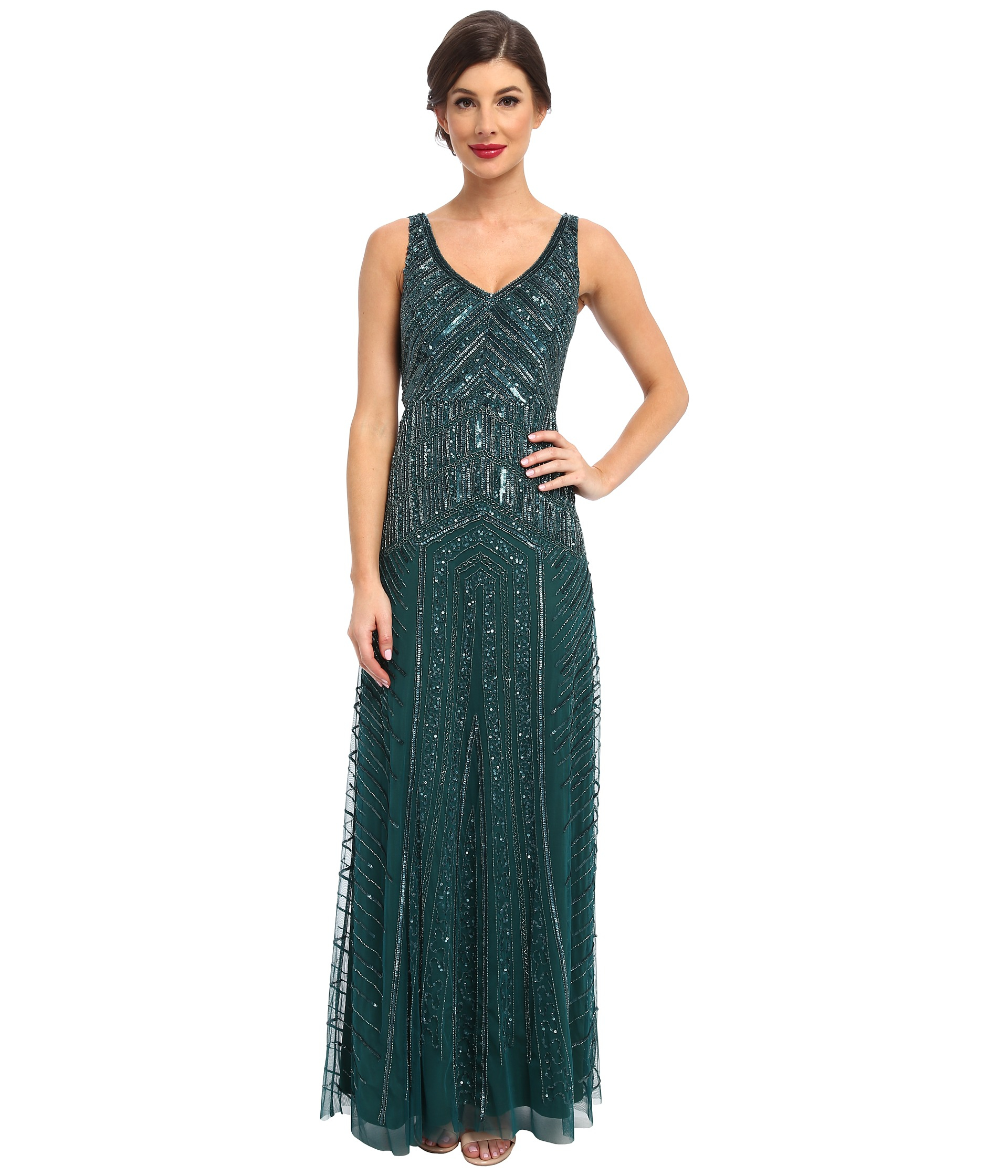 Adrianna Papell Long Beaded Dress in Green | Lyst