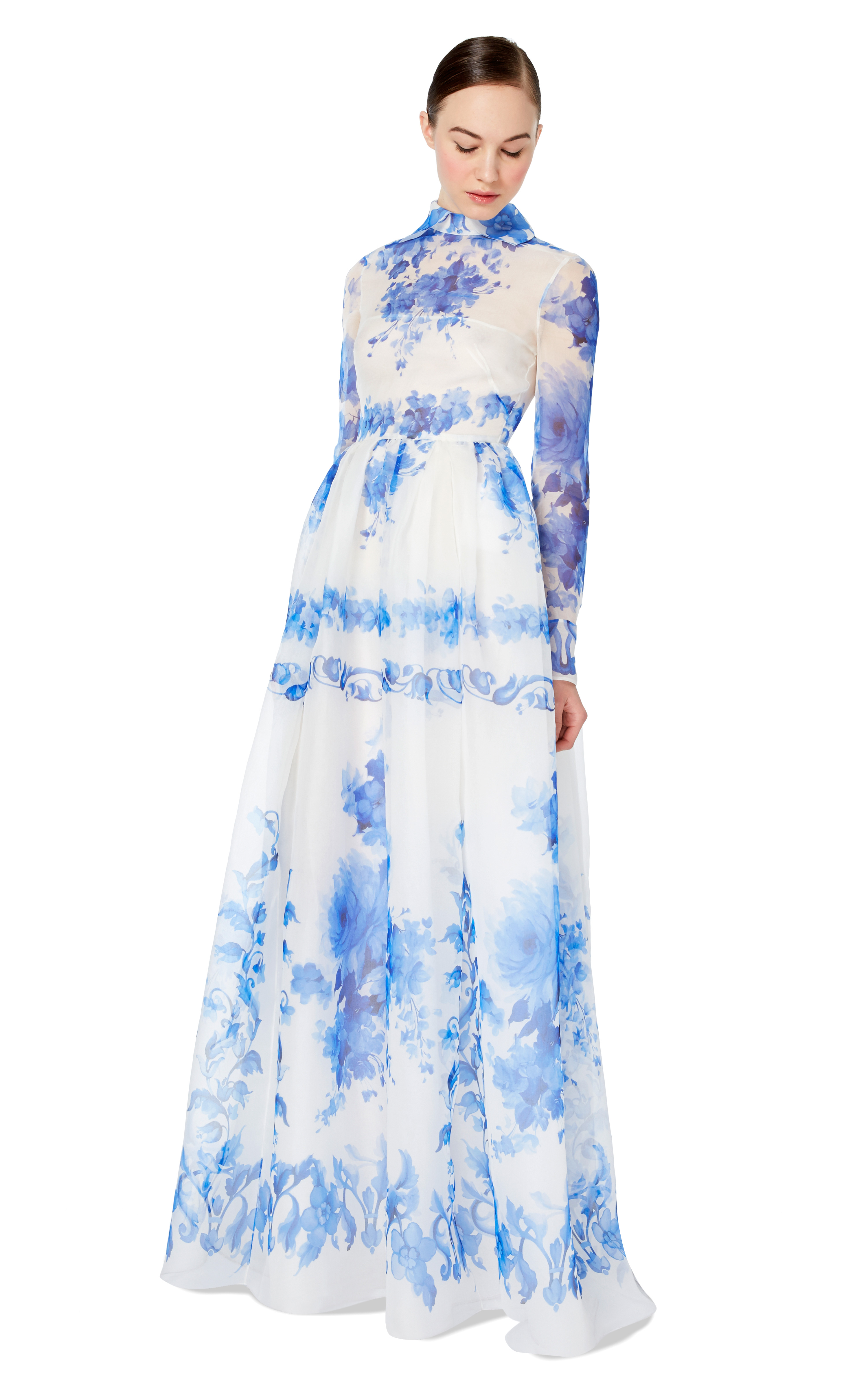 Valentino Floral Print Silk Gown in White | Lyst