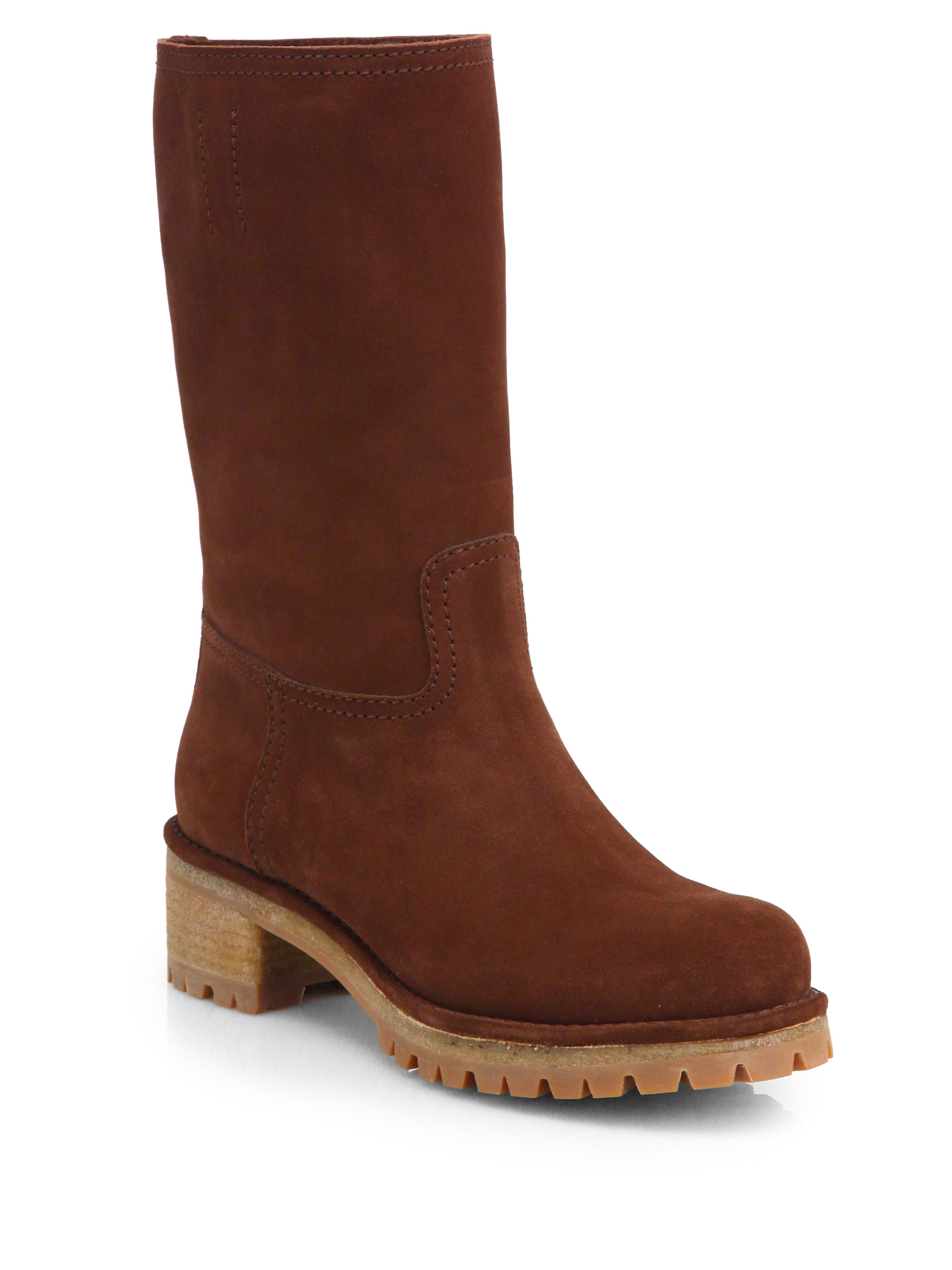 Prada Suede Mid-Calf Boots in Brown - Lyst
