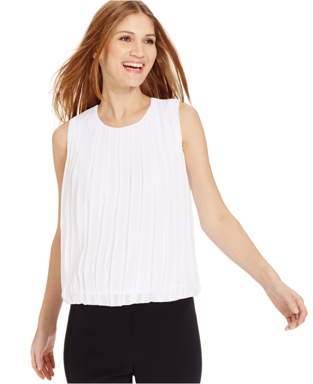 Calvin Klein Sleeveless Pleated Blouse in White | Lyst