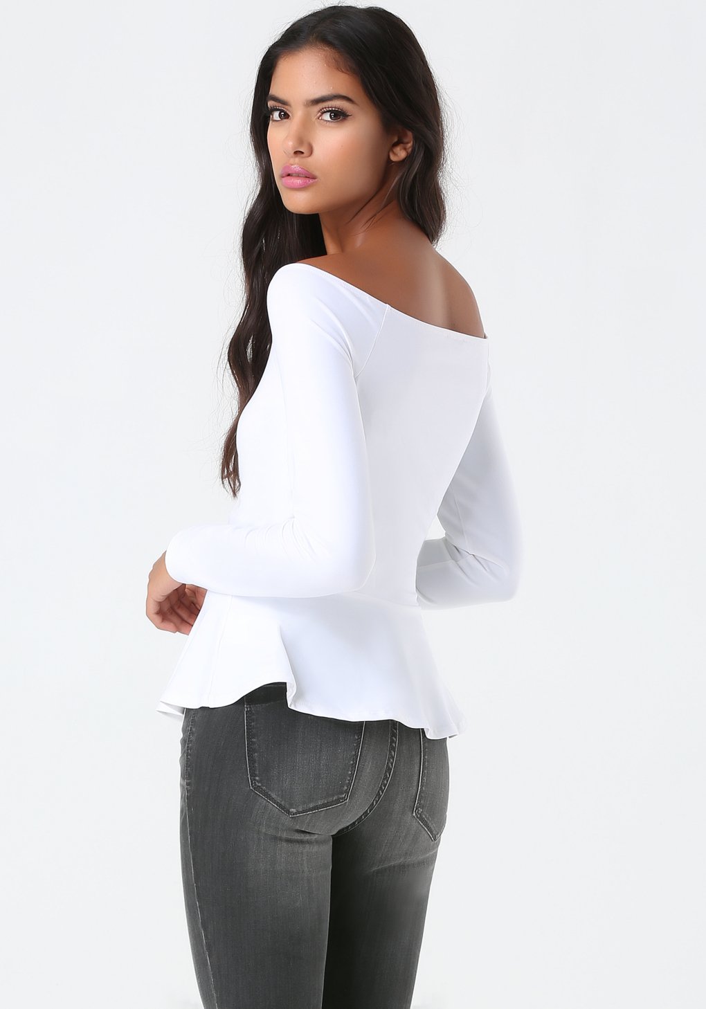 Bebe Synthetic Off Shoulder Peplum Top in White - Lyst