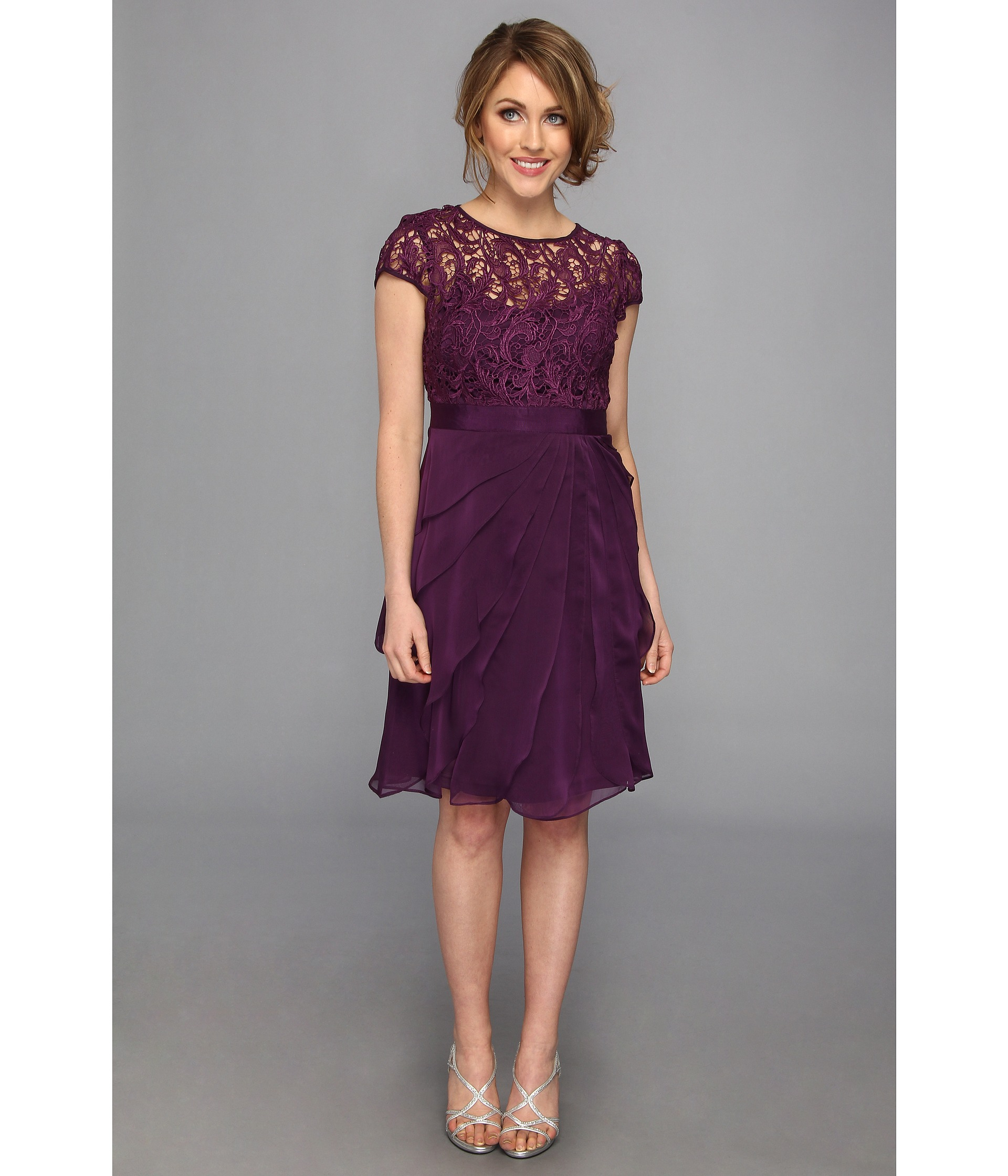 Adrianna Papell Lace Bodice Flutter Skirt Short Dress in Purple - Lyst