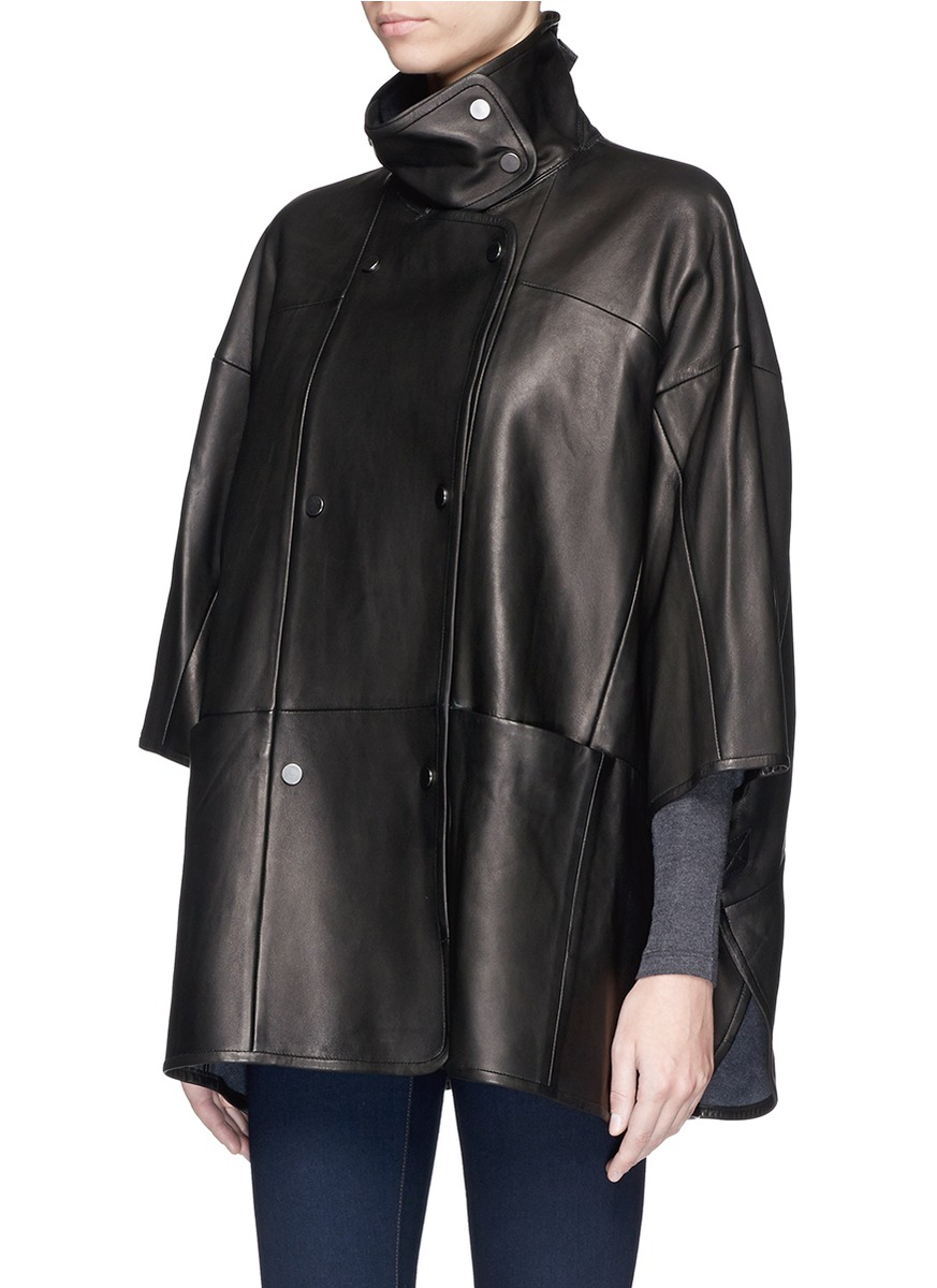 Vince Double Breasted Leather Cape Coat in Black Lyst