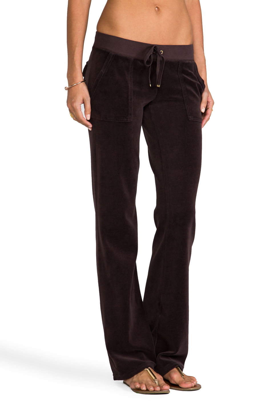 Juicy Couture Velour Flared Leg Pant with Snap Pockets in Chestnut