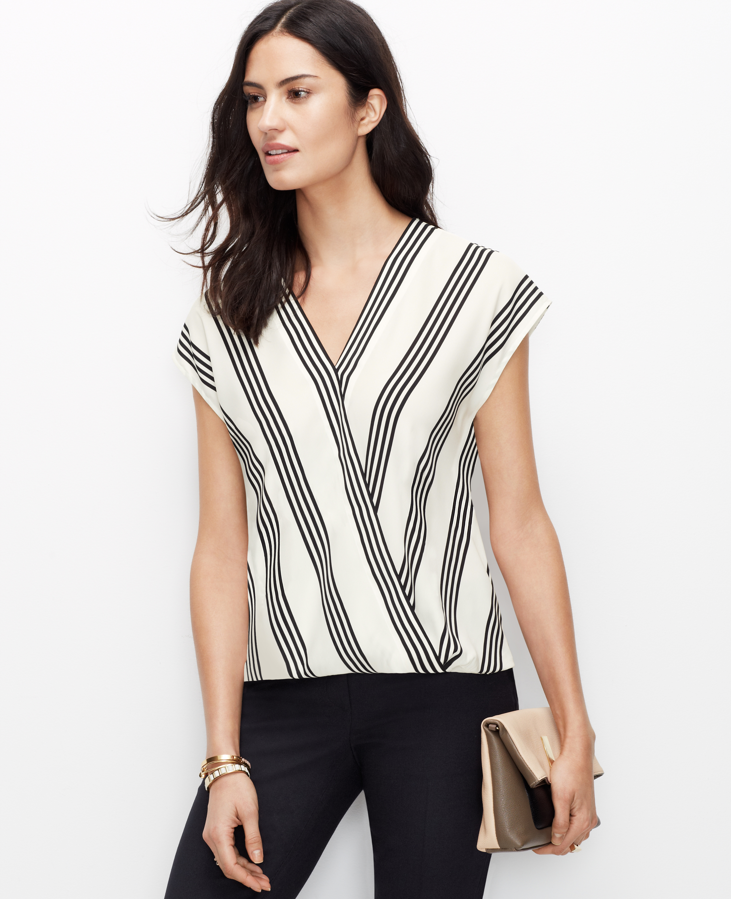 Ann taylor Petite Striped Wrap Top in Black Lyst