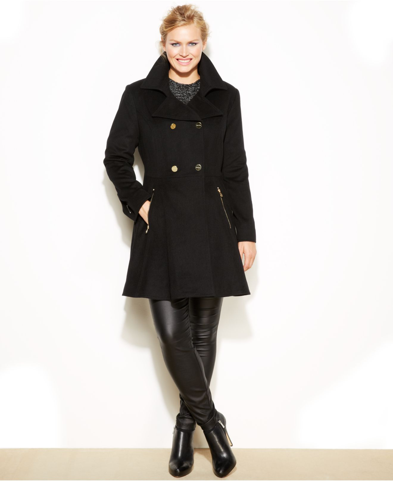 Laundry By Shelli Segal Plus Size Double Breasted Skirted Peacoat In Black Lyst