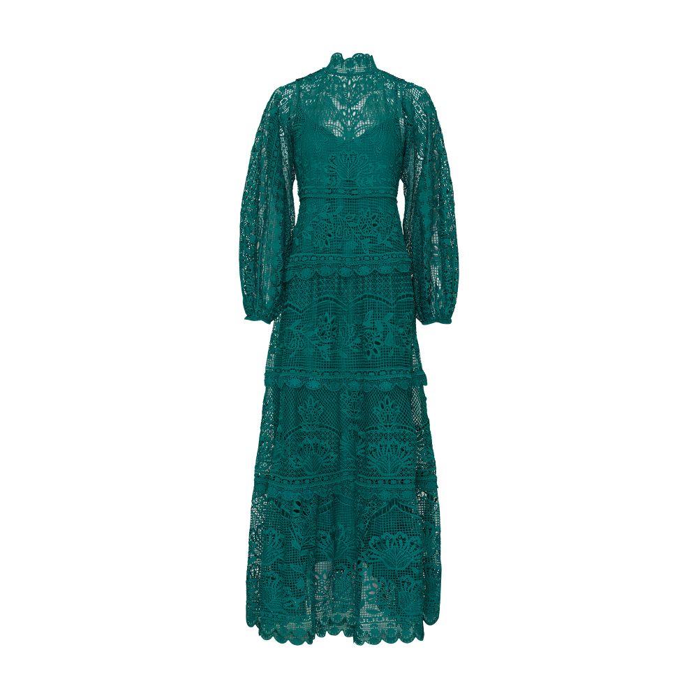 FARM Rio Dark Guipure Long Sleeve Maxi Dress in Green | Lyst