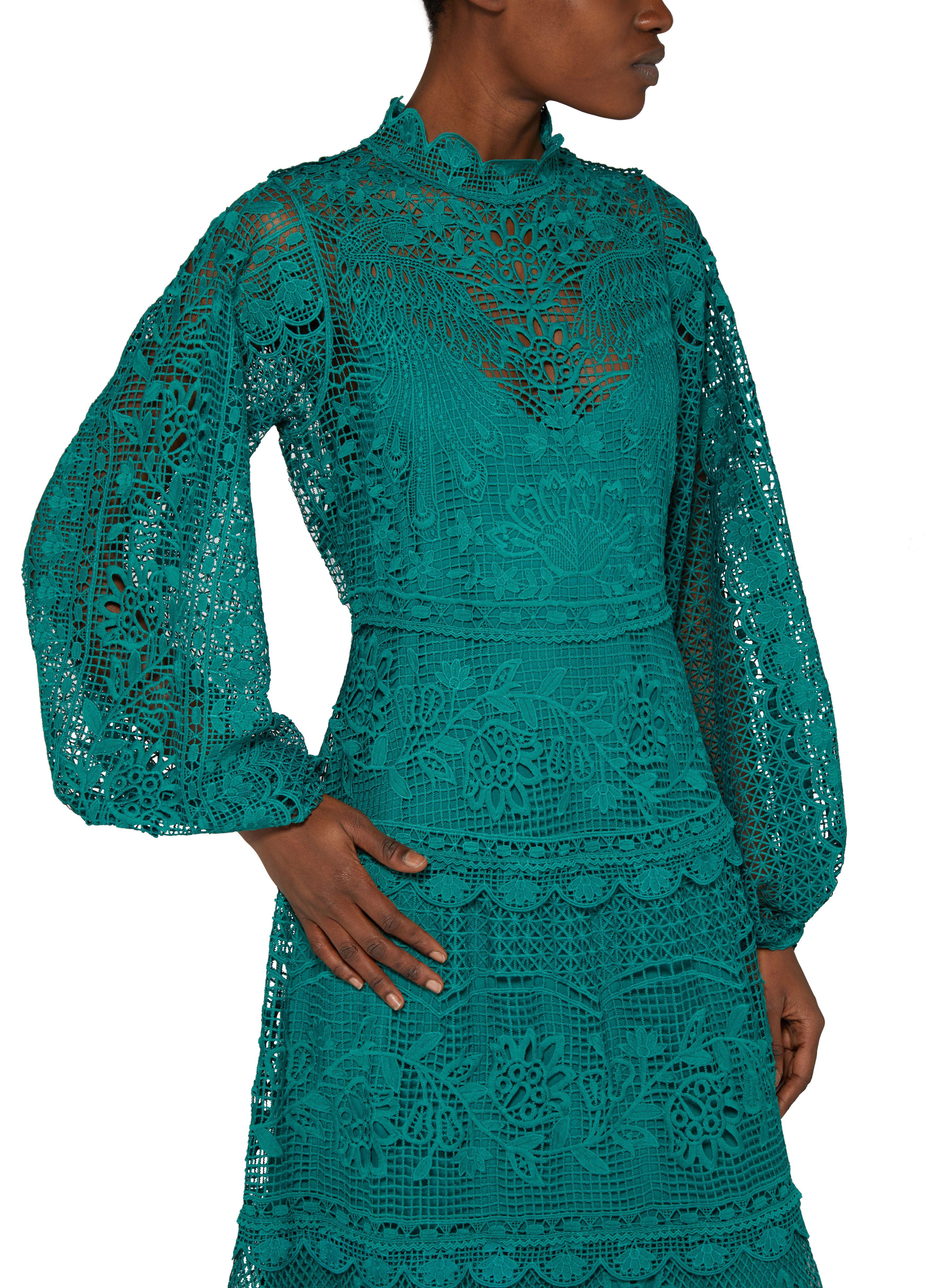 FARM Rio Dark Guipure Long Sleeve Maxi Dress in Green | Lyst