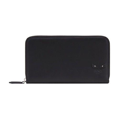 FENDI Monster Eyes Continental Smooth Leather Wallet Black Zip