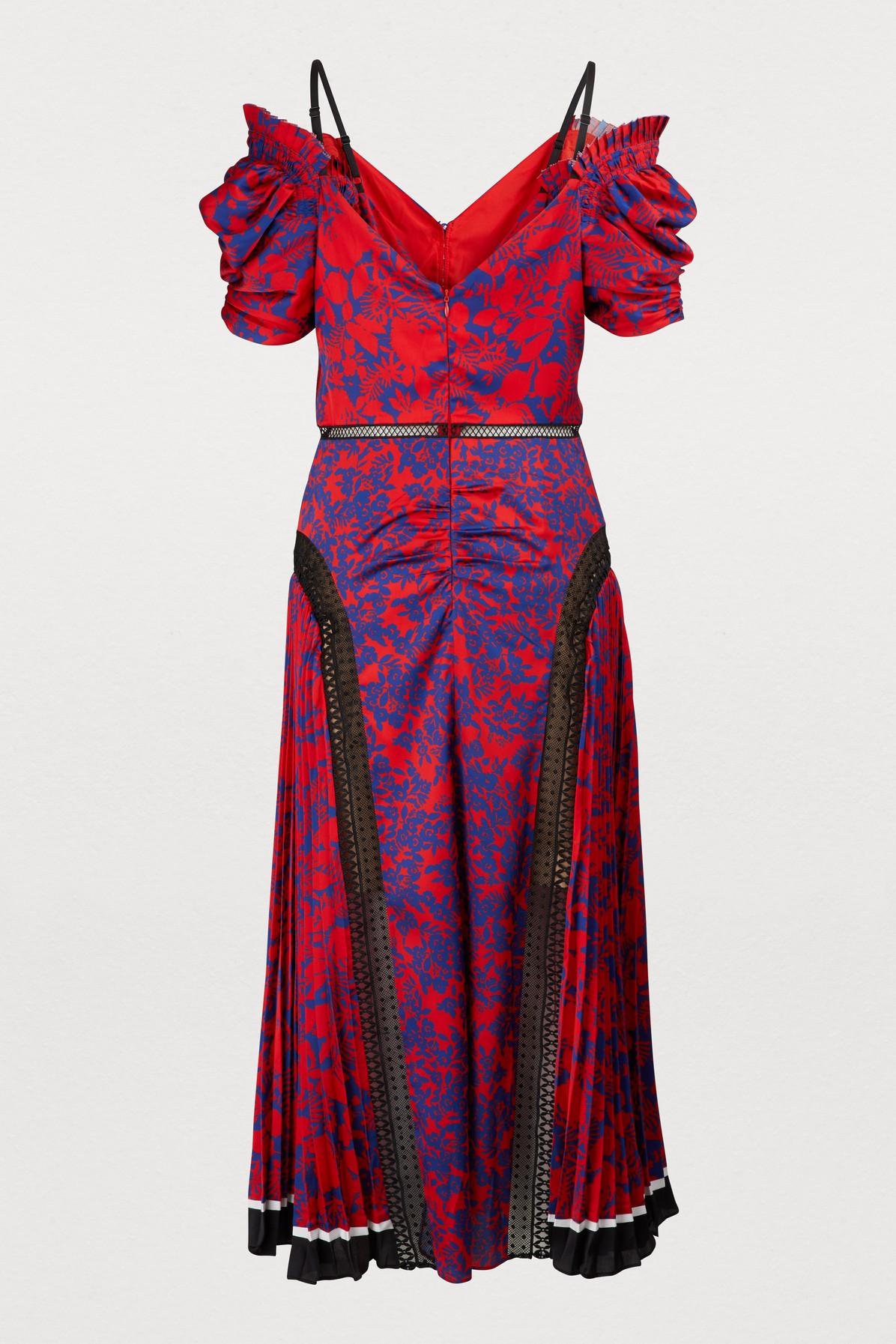 Self-Portrait Cold-shoulder Floral-print Satin Midi Dress in Red