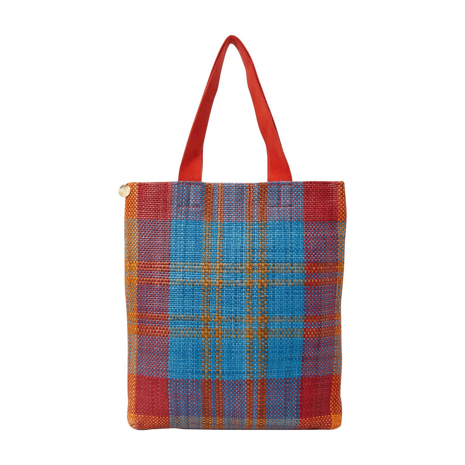 Clare V. Carryall Tote In Poppy And Turquoise Plaid in Red