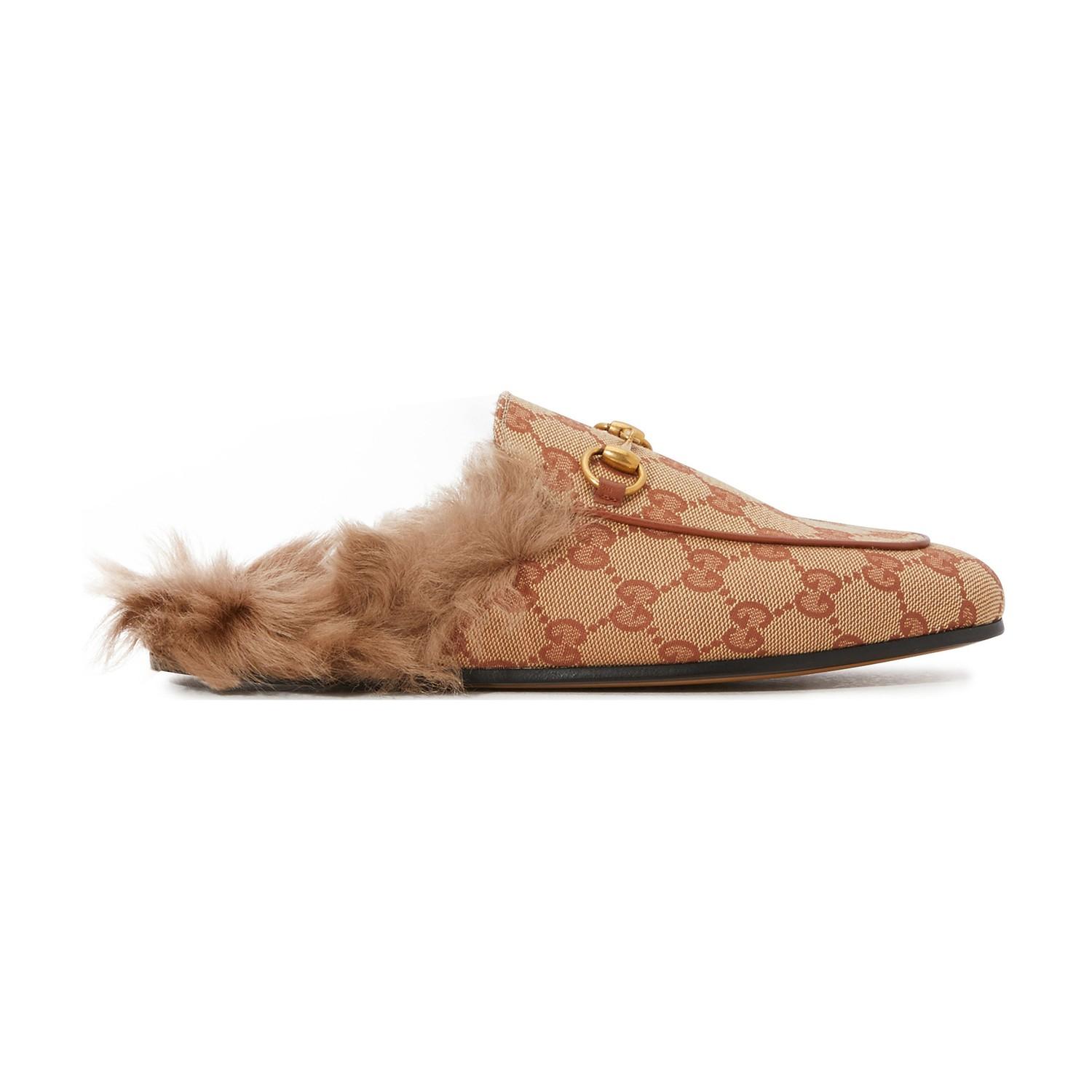 Gucci Canvas Princetown Fur-lined Mules in Beige (Natural) - Lyst